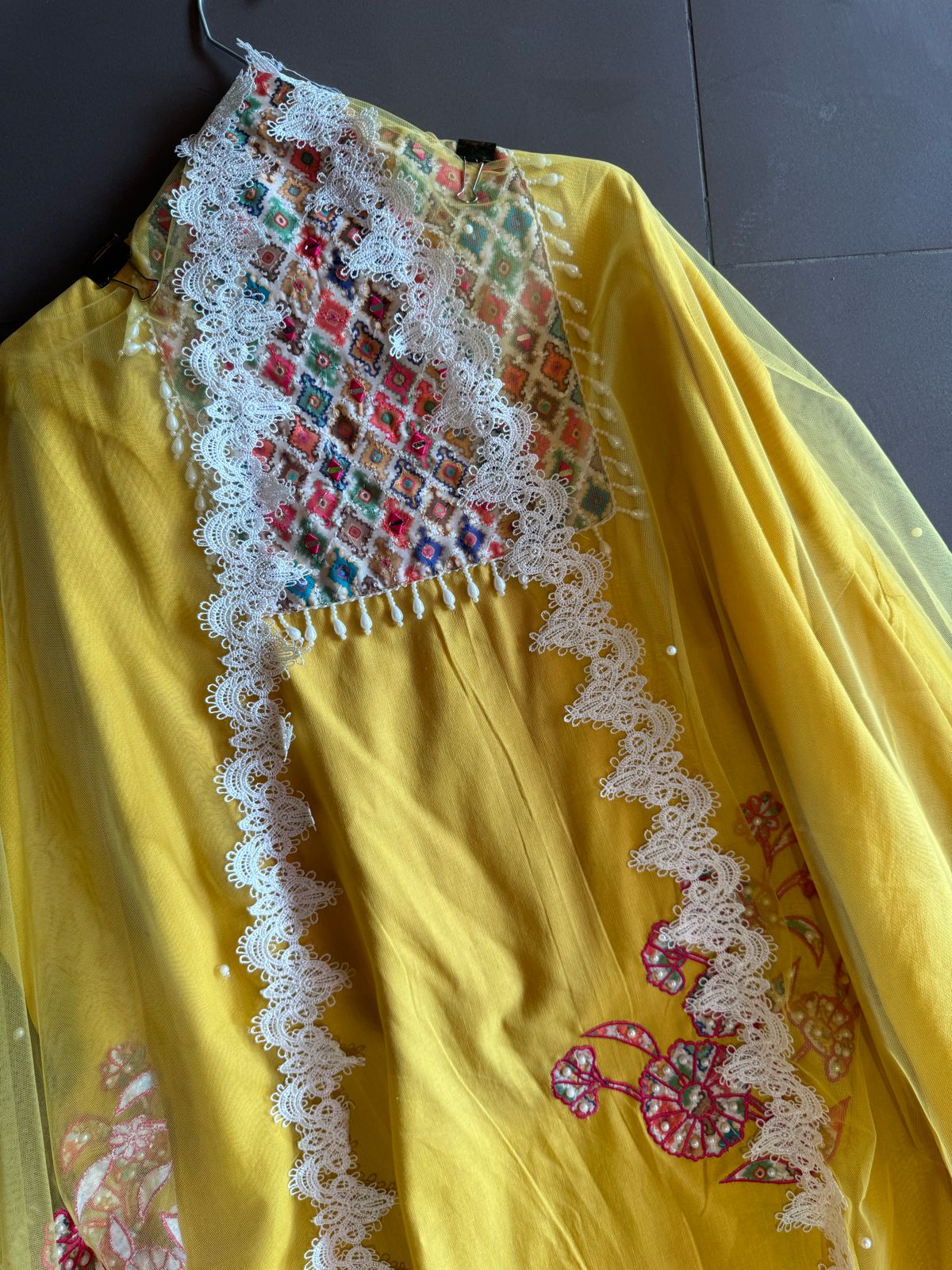 Pure organic handloom cotton unstitched Shirt with very beautiful printed neckline with mirror