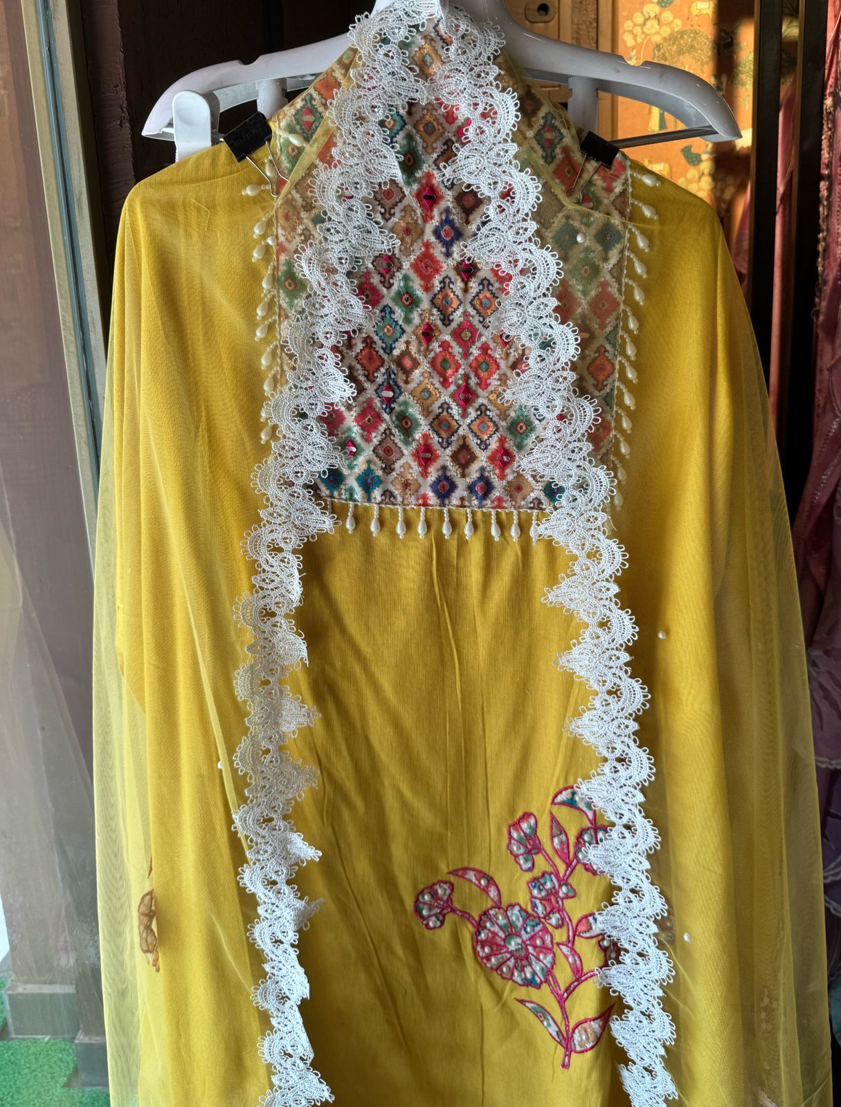 Pure organic handloom cotton unstitched Shirt with very beautiful printed neckline with mirror