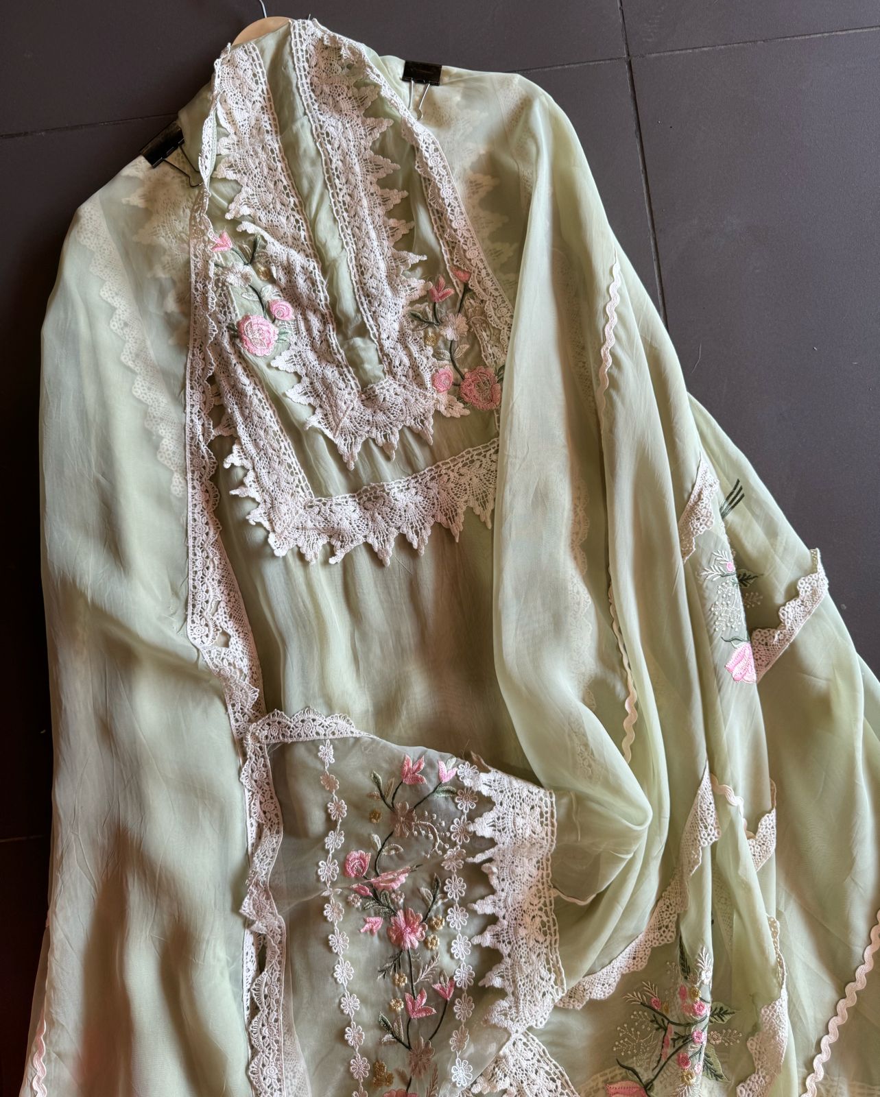 Soft Flowy organza Shirt with Crochia lacework with thread embroidery on the shirt neckline and ghera