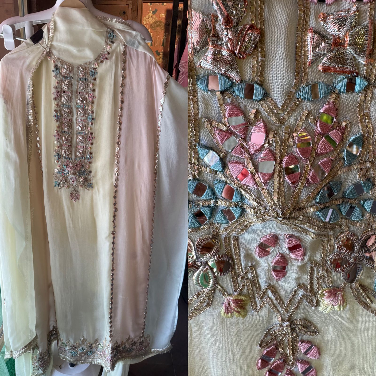 Soft organza designer concept shirt in tri colour with gotta detailings