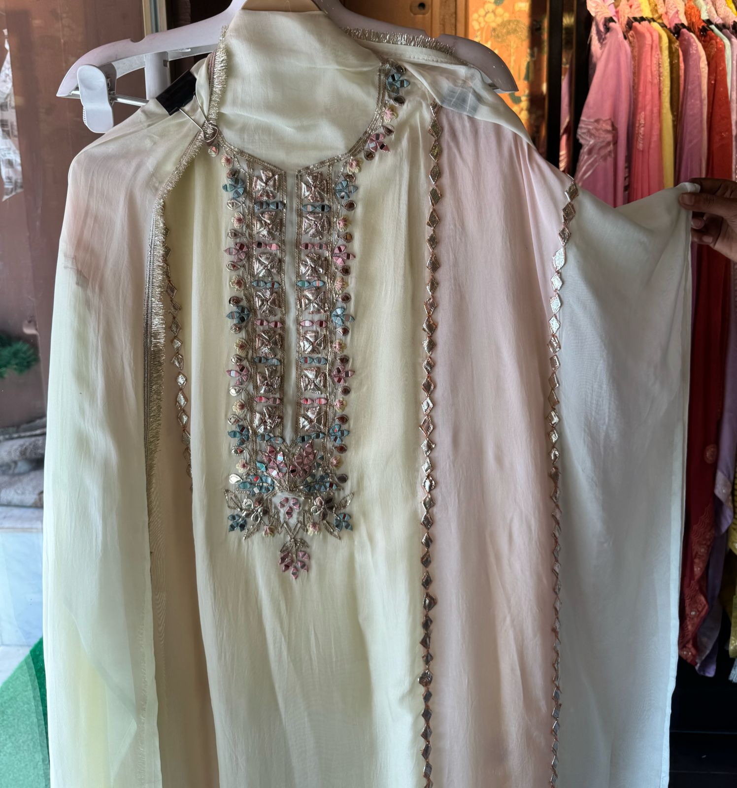 Soft organza designer concept shirt in tri colour with gotta detailings