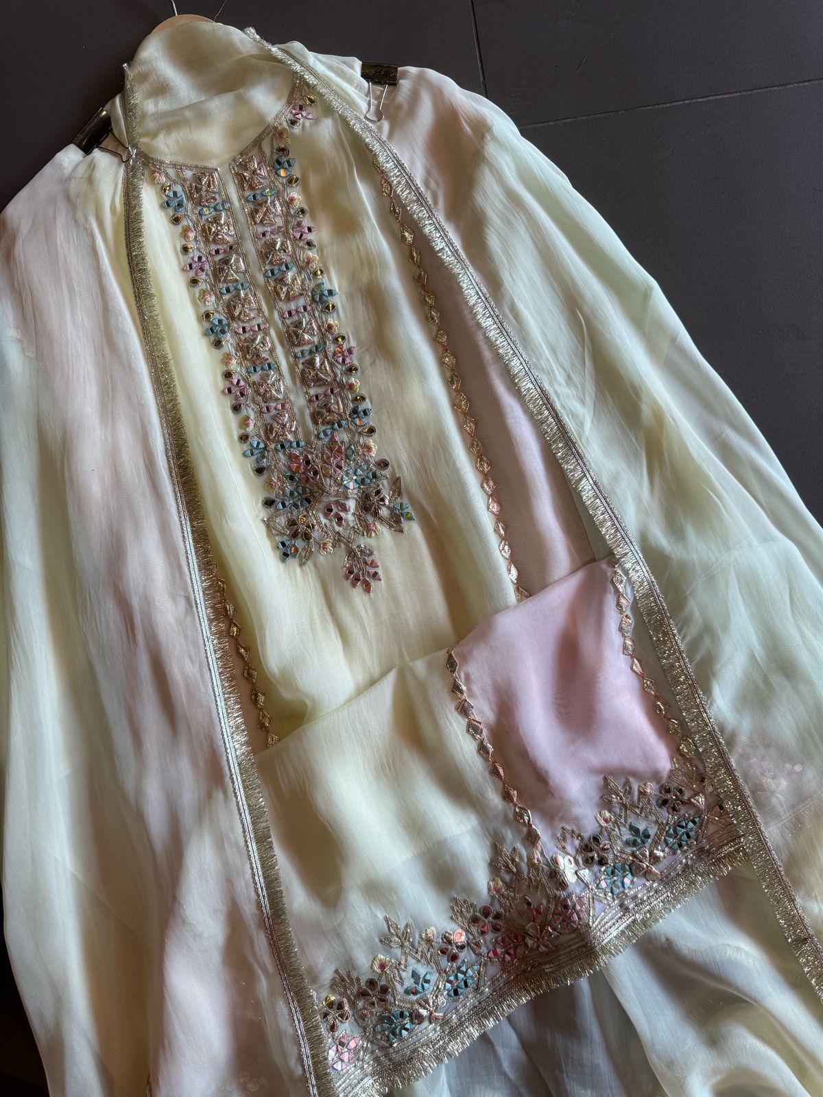 Soft organza designer concept shirt in tri colour with gotta detailings