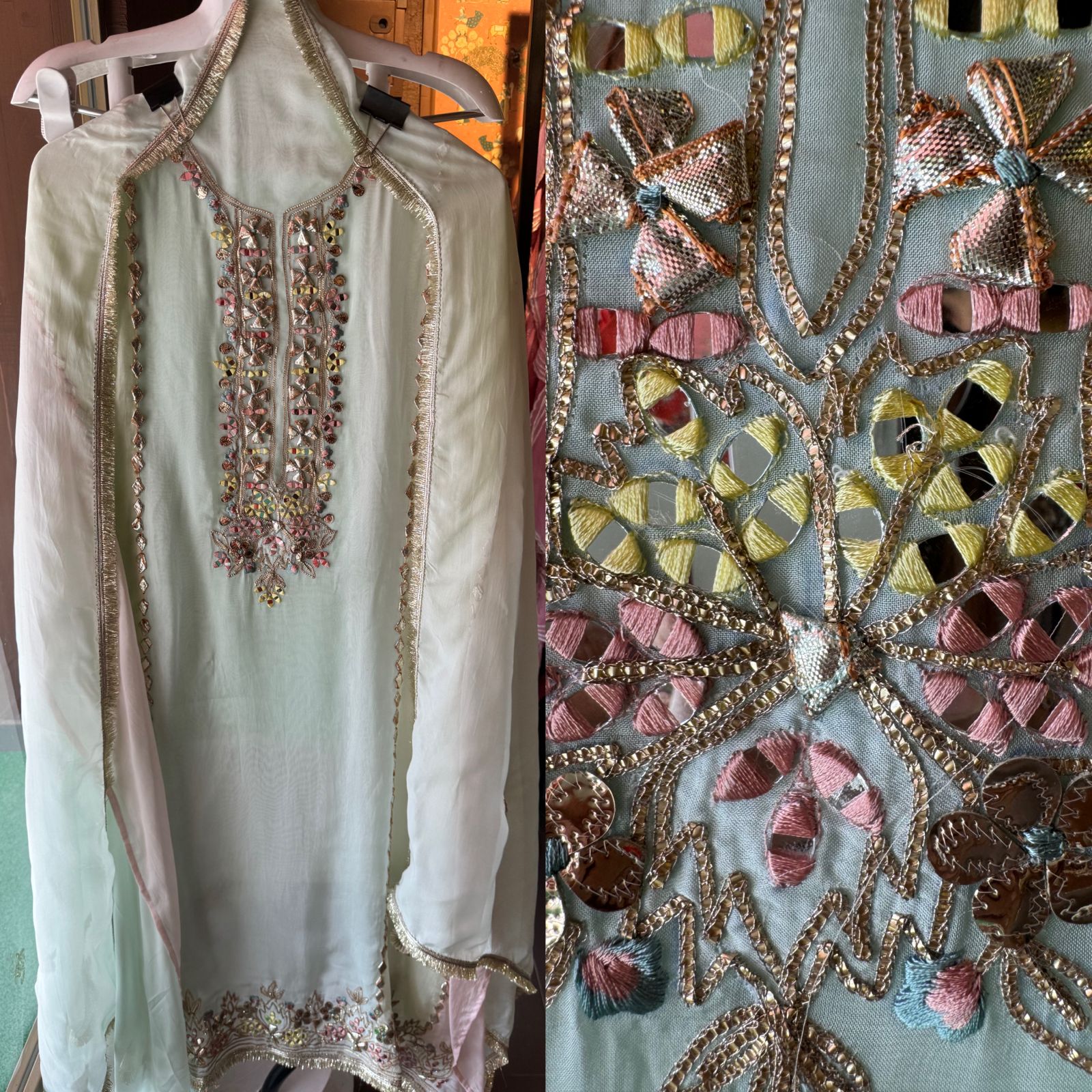 Soft organza designer concept shirt in tri colour with gotta detailings