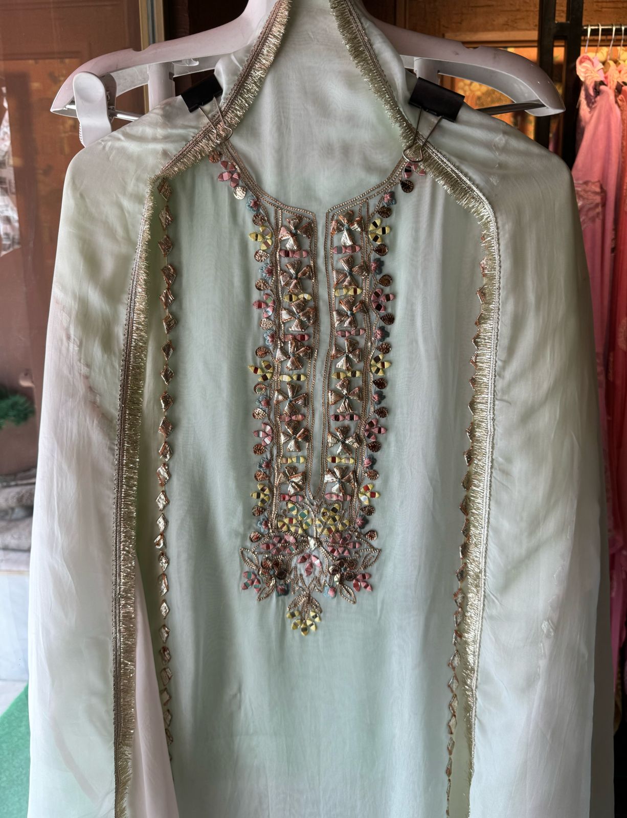 Soft organza designer concept shirt in tri colour with gotta detailings