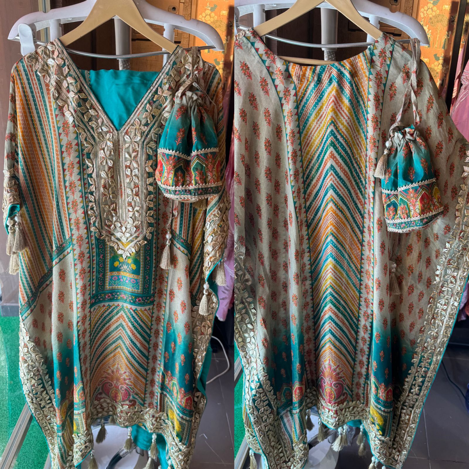 Pure shimmer tissue sabysachi inspired printed kaaftan with gotta work on the neckline