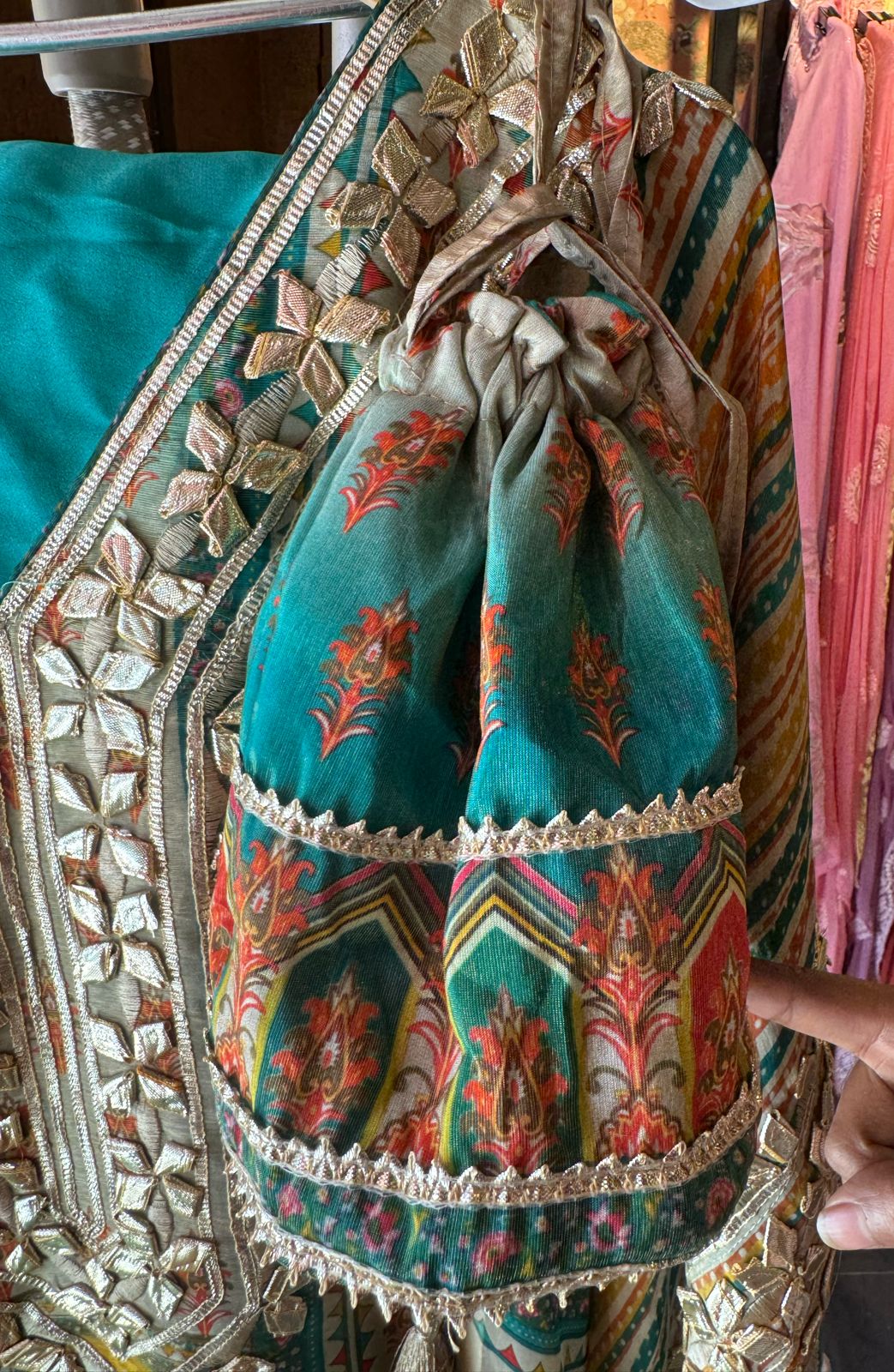 Pure shimmer tissue sabysachi inspired printed kaaftan with gotta work on the neckline