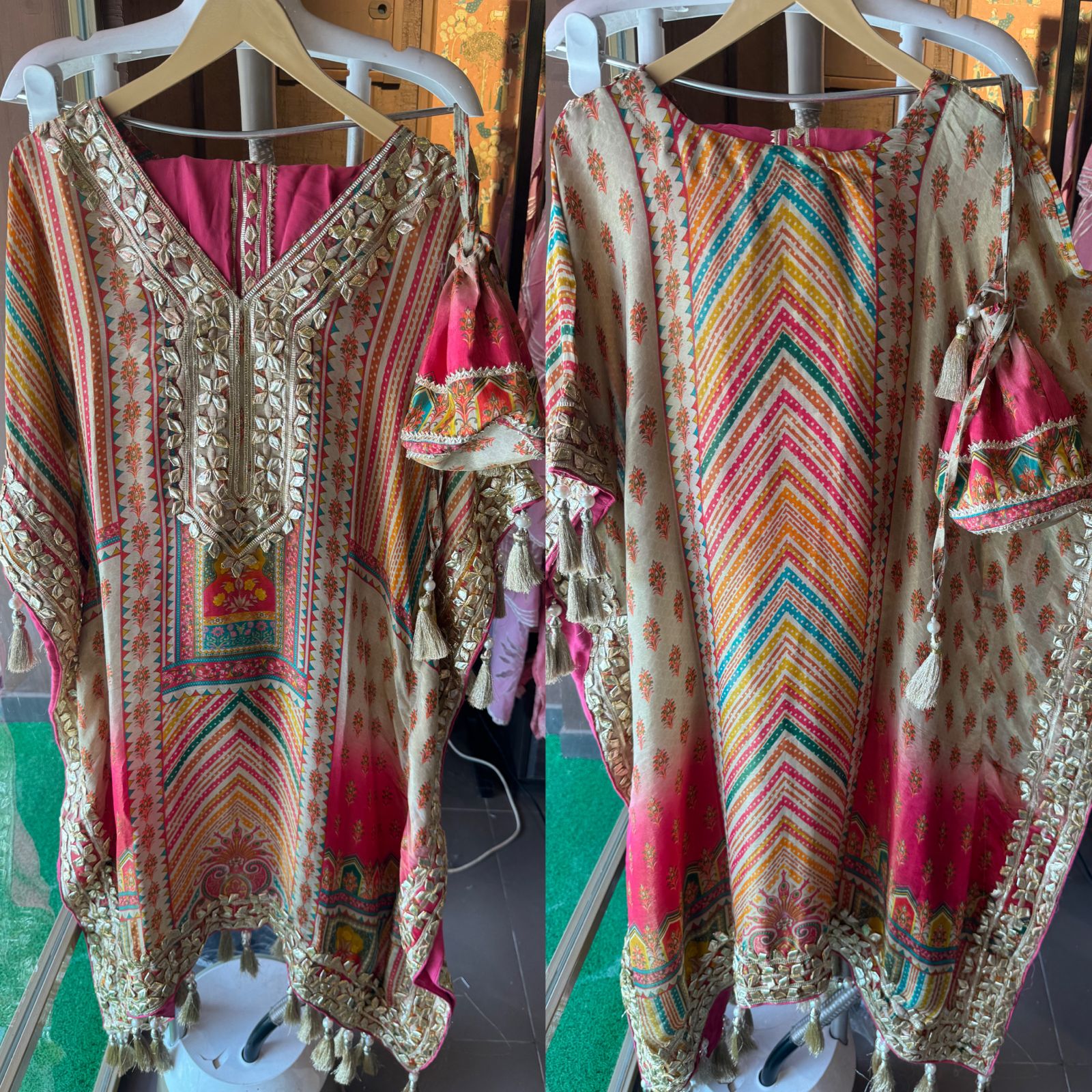 Pure shimmer tissue sabysachi inspired printed kaaftan with gotta work on the neckline