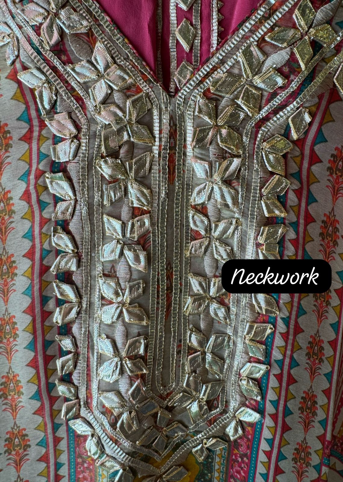 Pure shimmer tissue sabysachi inspired printed kaaftan with gotta work on the neckline