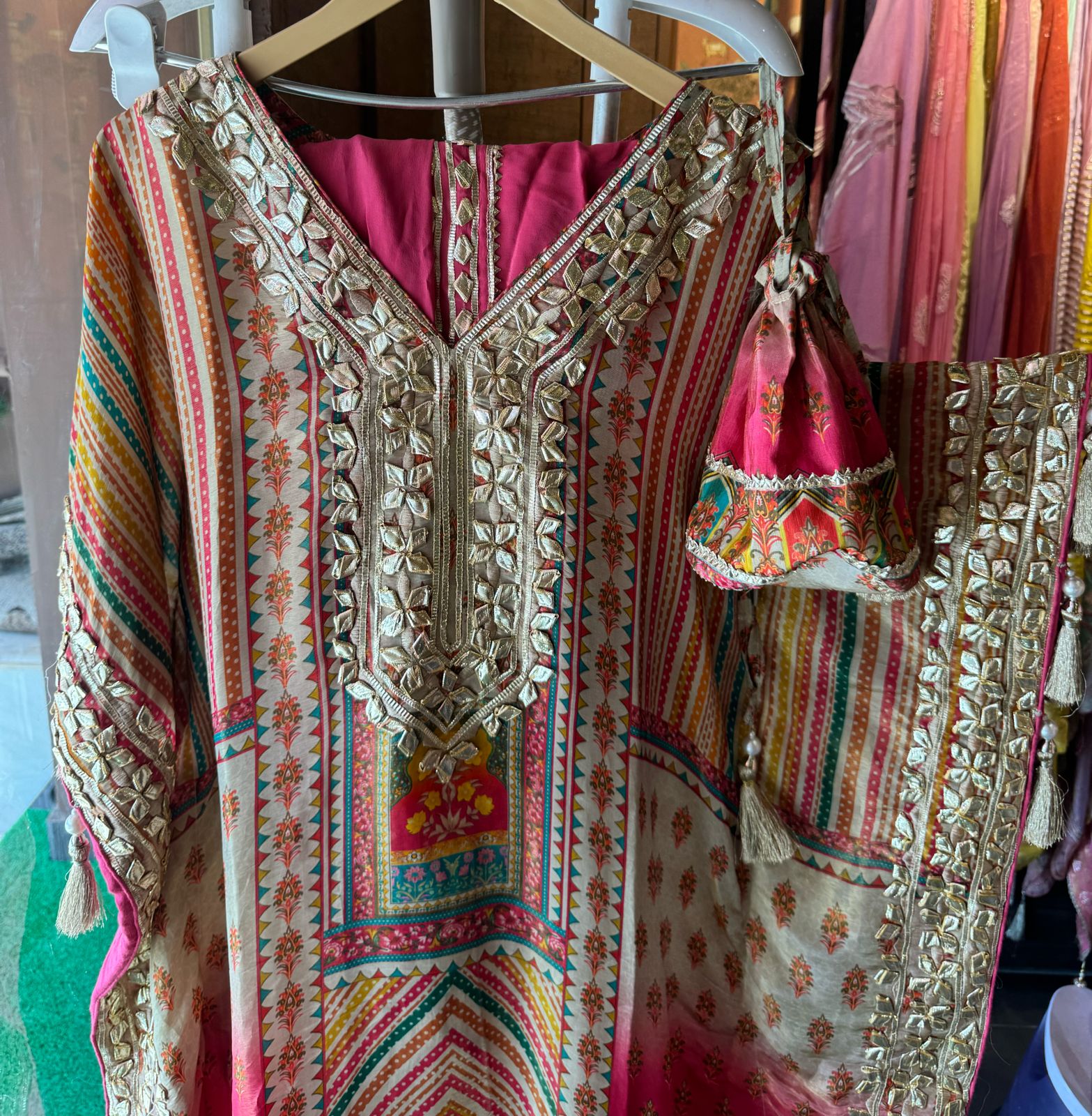 Pure shimmer tissue sabysachi inspired printed kaaftan with gotta work on the neckline
