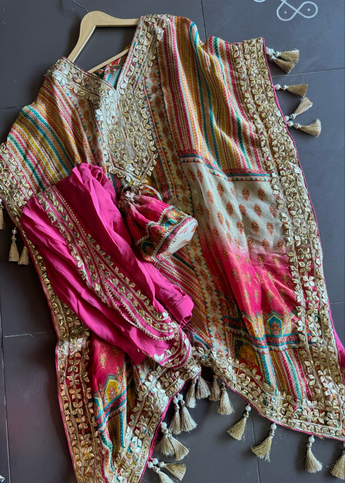 Pure shimmer tissue sabysachi inspired printed kaaftan with gotta work on the neckline