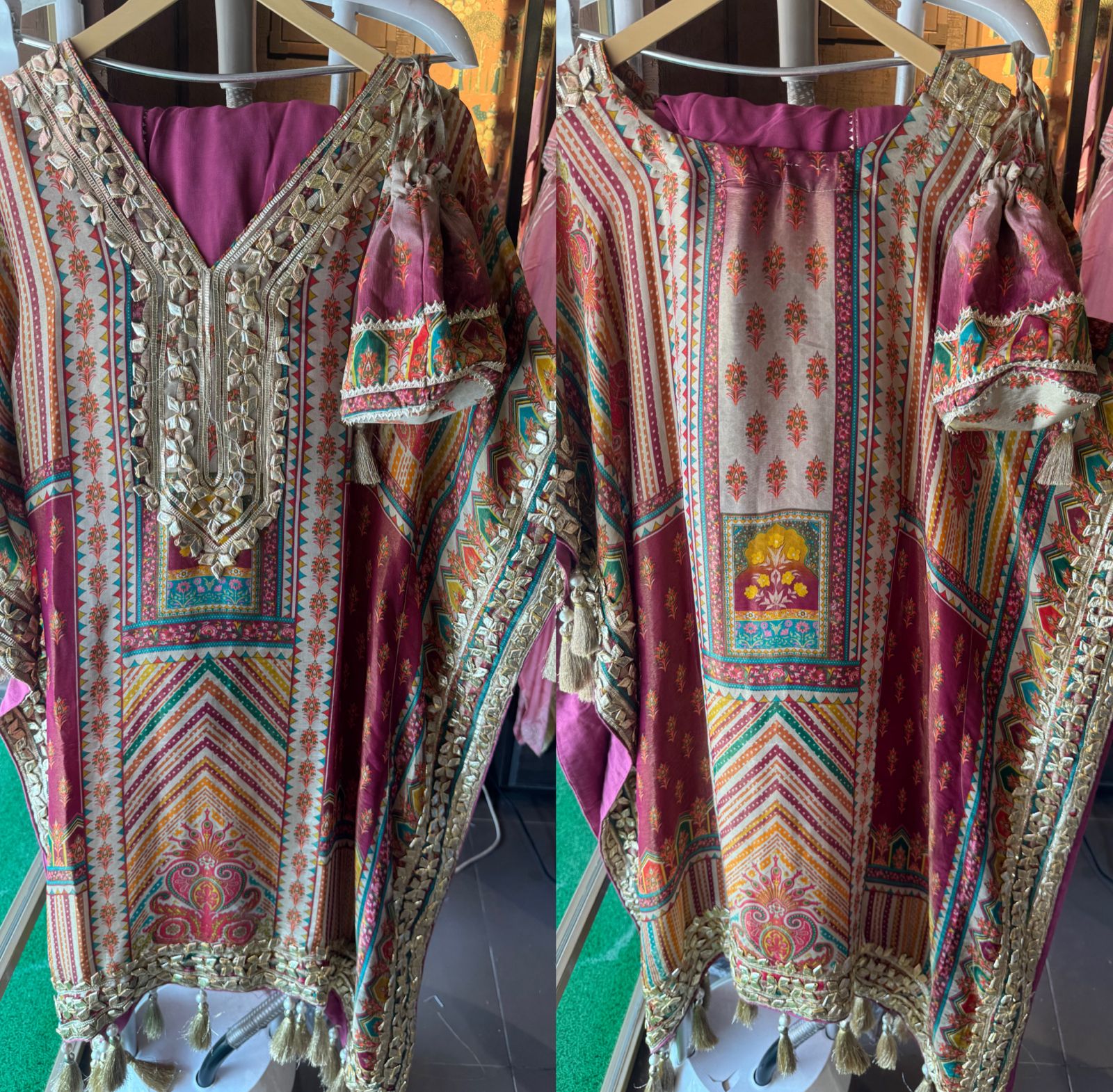 Pure shimmer tissue sabysachi inspired printed kaaftan with gotta work on the neckline
