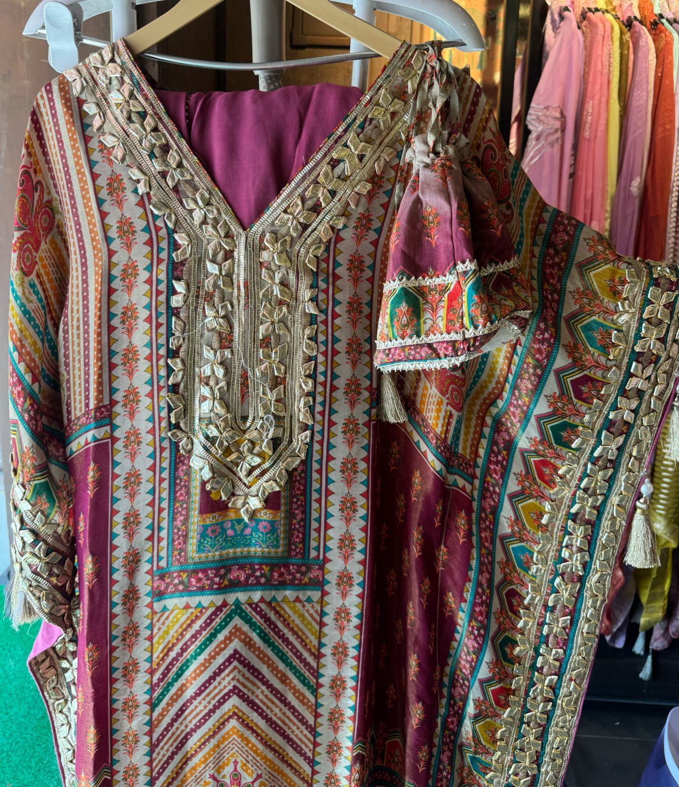 Pure shimmer tissue sabysachi inspired printed kaaftan with gotta work on the neckline