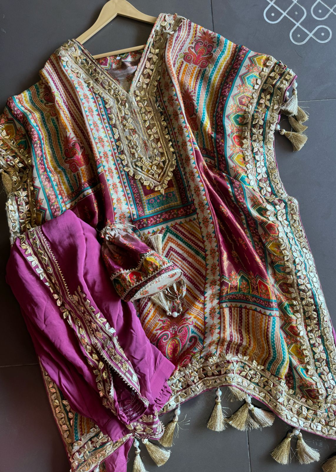 Pure shimmer tissue sabysachi inspired printed kaaftan with gotta work on the neckline