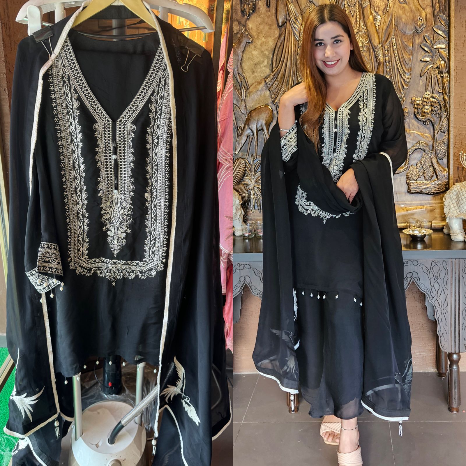 Soft flowy organza shirt with very smart and elegant thread work done on the neckline