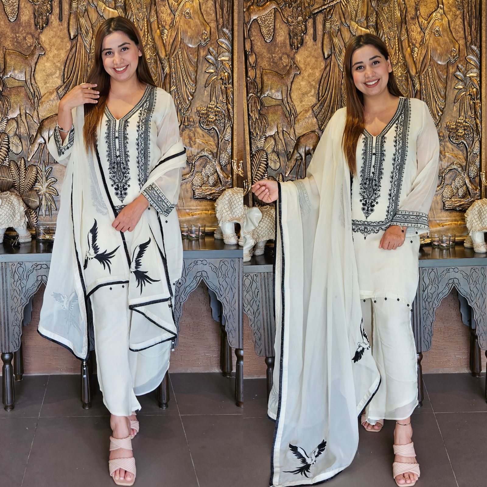 Soft flowy organza shirt with very smart and elegant thread work done on the neckline