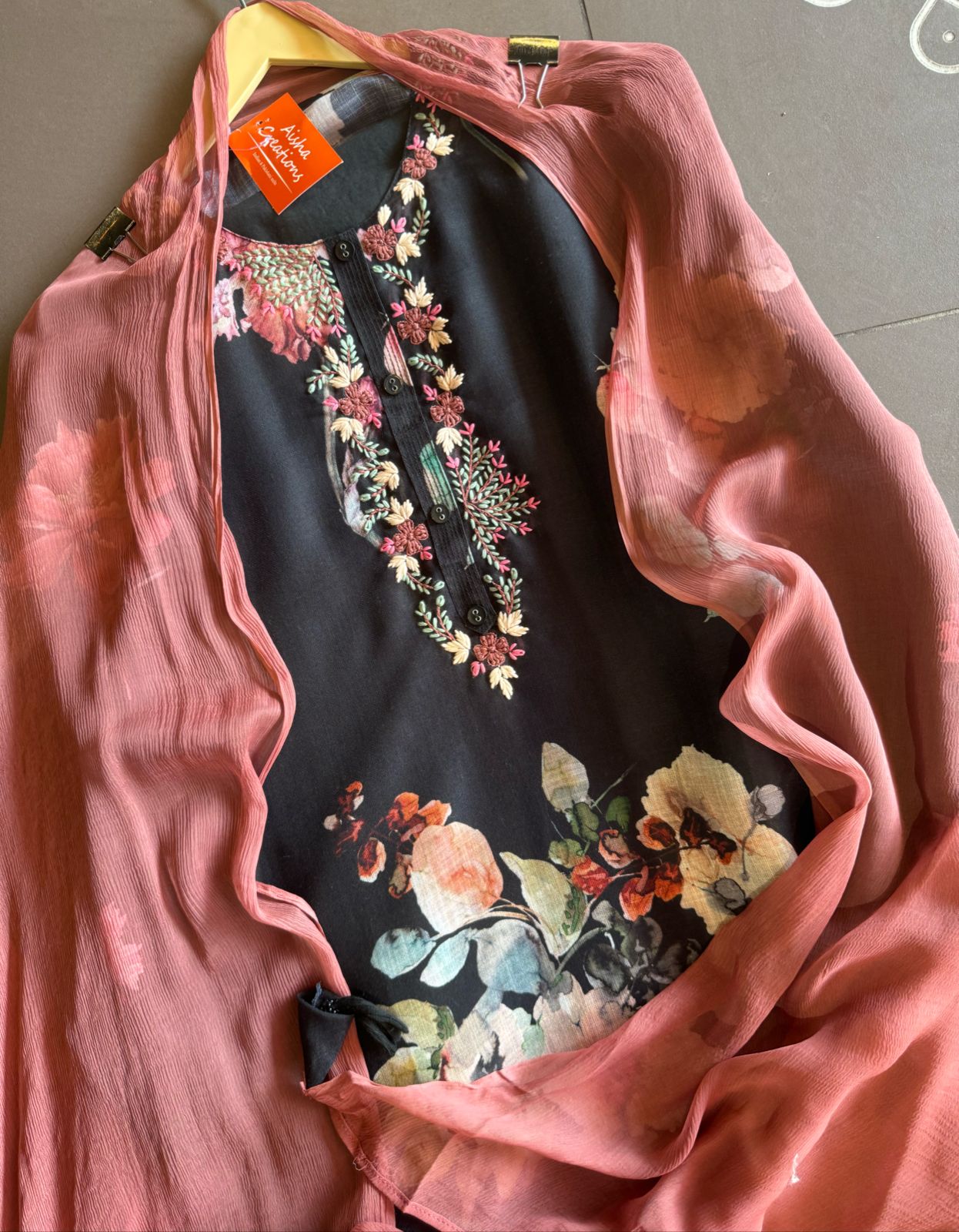 Pure linen digital printed unstitched kurta with very Beautiful thread embroidery done