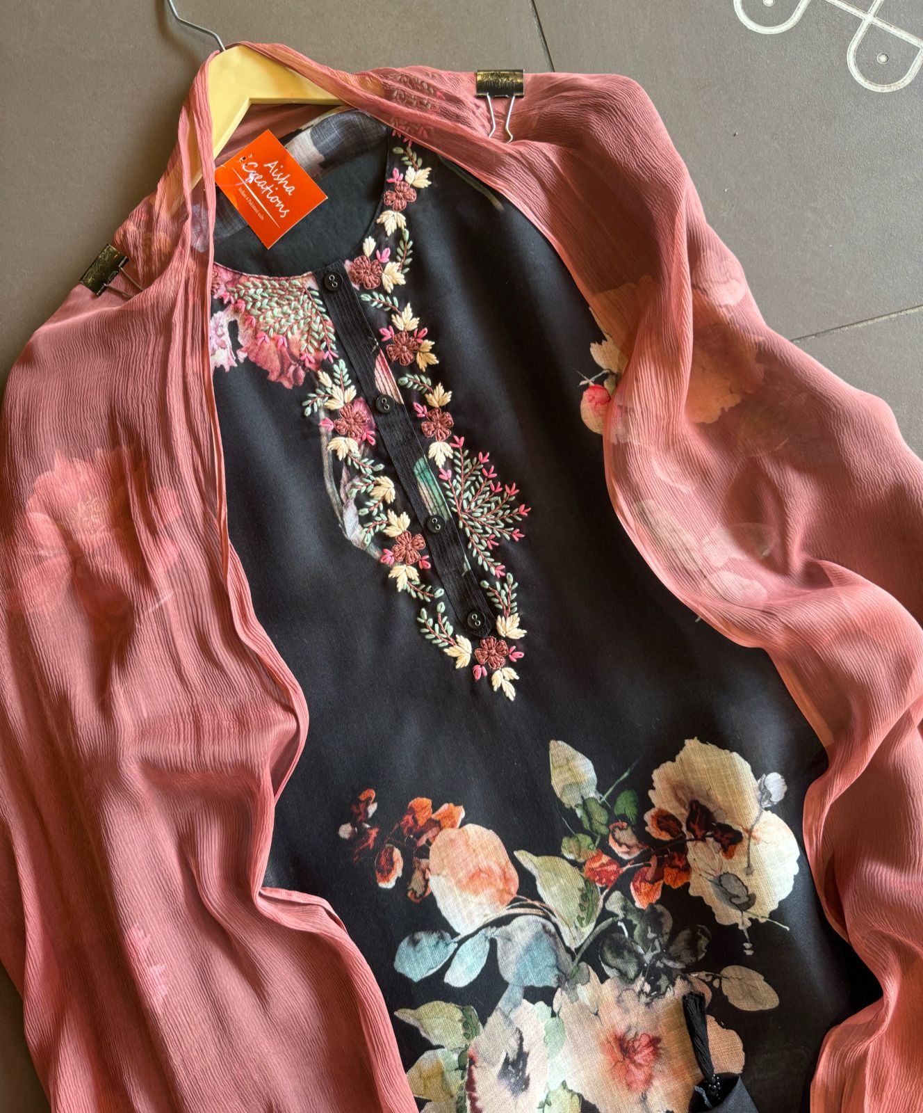 Pure linen digital printed unstitched kurta with very Beautiful thread embroidery done