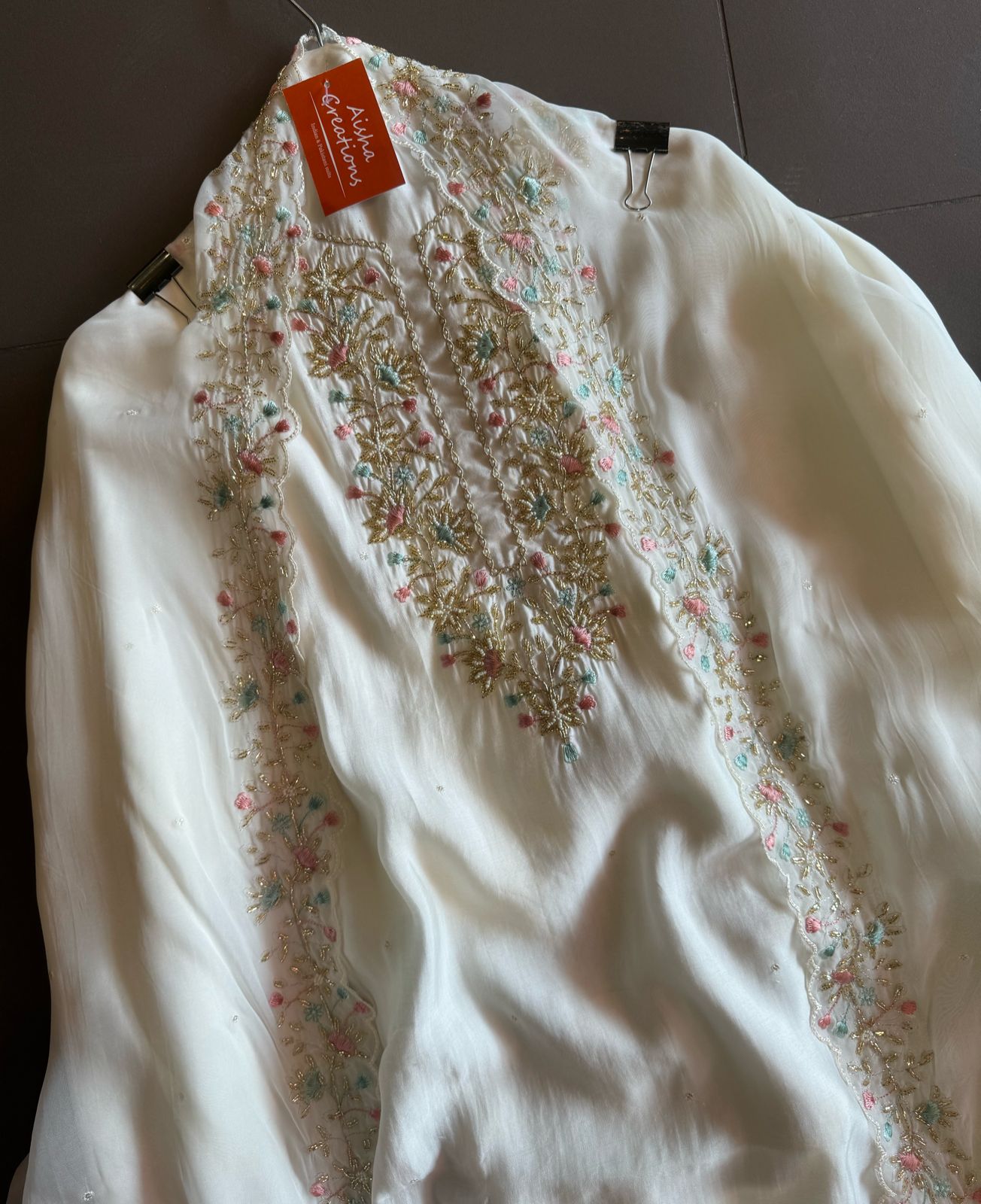 Pure silk shirt with beautiful handwork on the neckline with nalki , Dori work, thread work and pearl embellishments