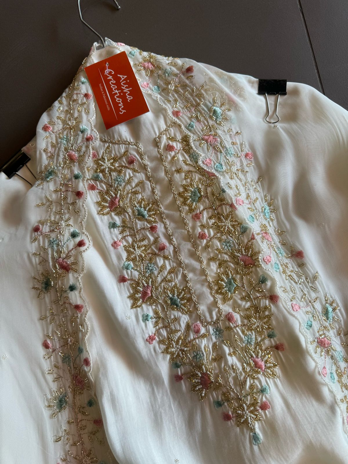 Pure silk shirt with beautiful handwork on the neckline with nalki , Dori work, thread work and pearl embellishments