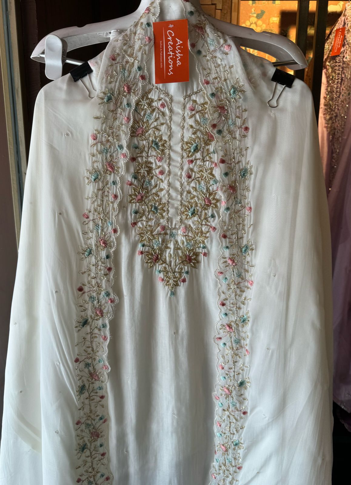 Pure silk shirt with beautiful handwork on the neckline with nalki , Dori work, thread work and pearl embellishments