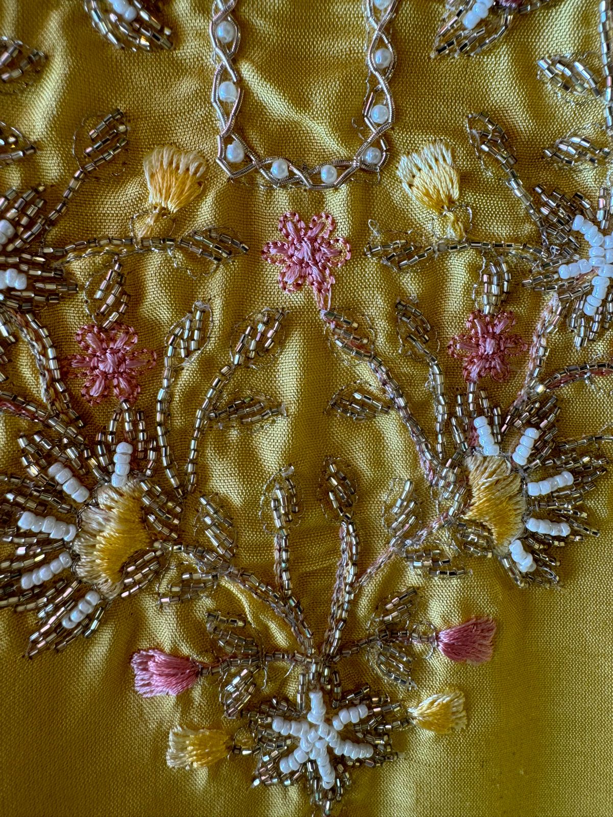 Pure silk shirt with beautiful handwork on the neckline with nalki , Dori work, thread work and pearl embellishments