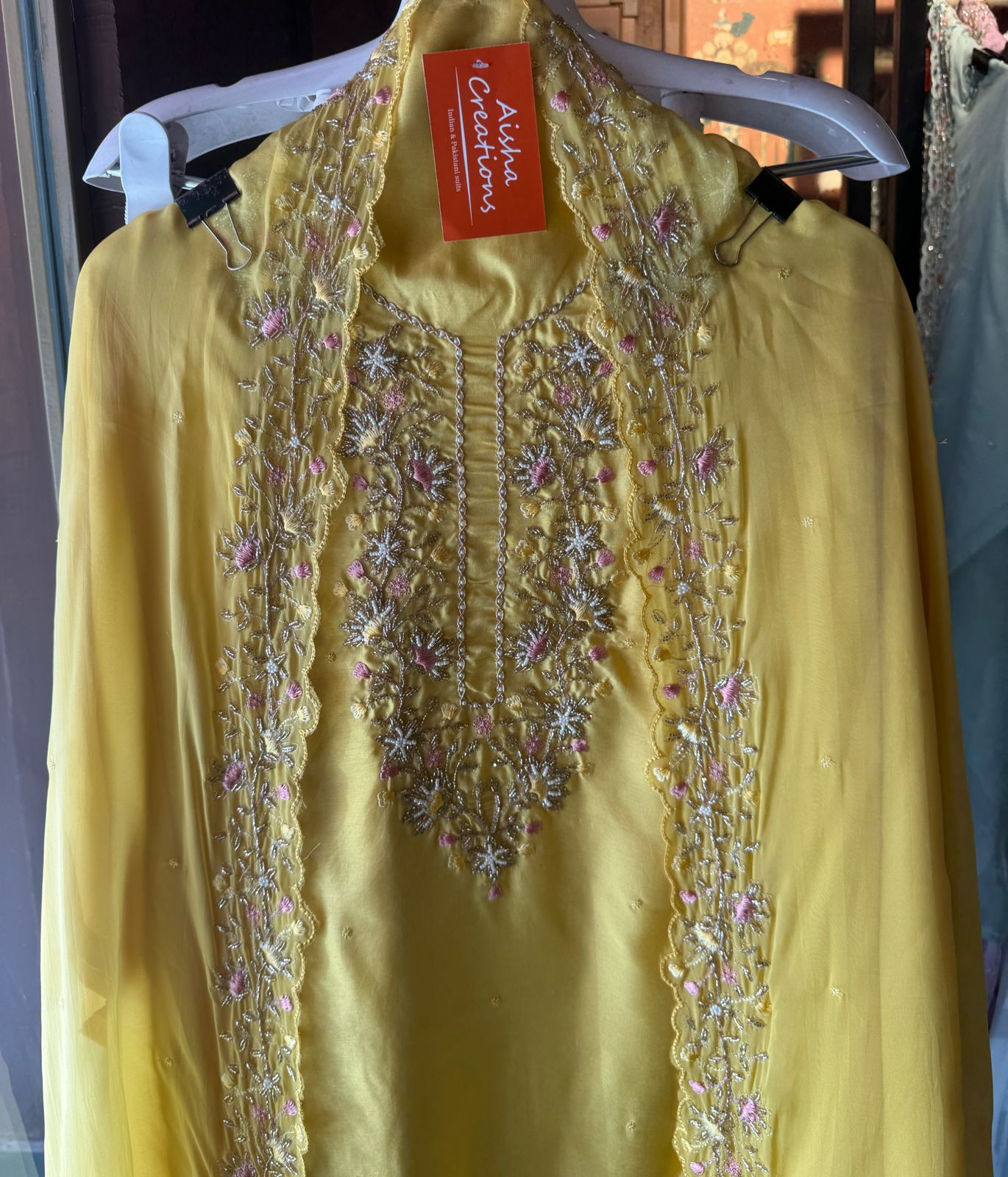 Pure silk shirt with beautiful handwork on the neckline with nalki , Dori work, thread work and pearl embellishments