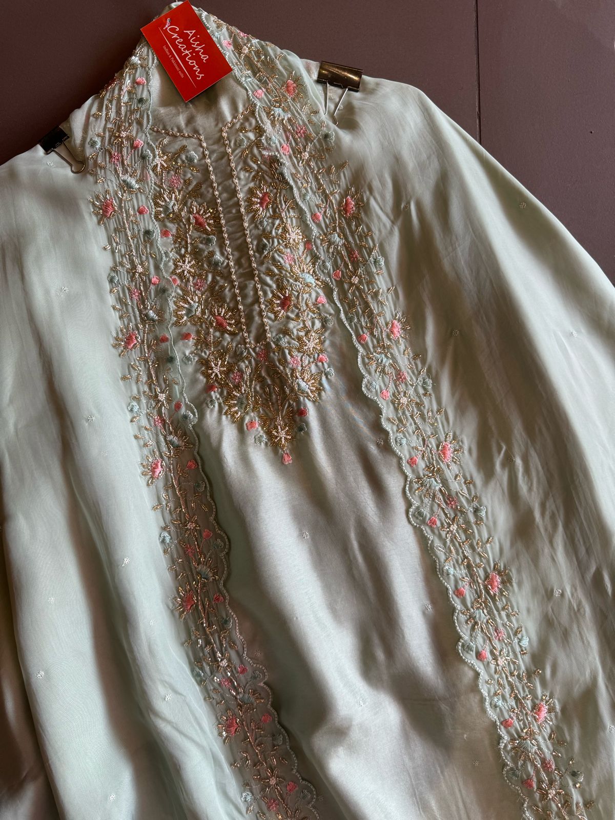 Pure silk shirt with beautiful handwork on the neckline with nalki , Dori work, thread work and pearl embellishments