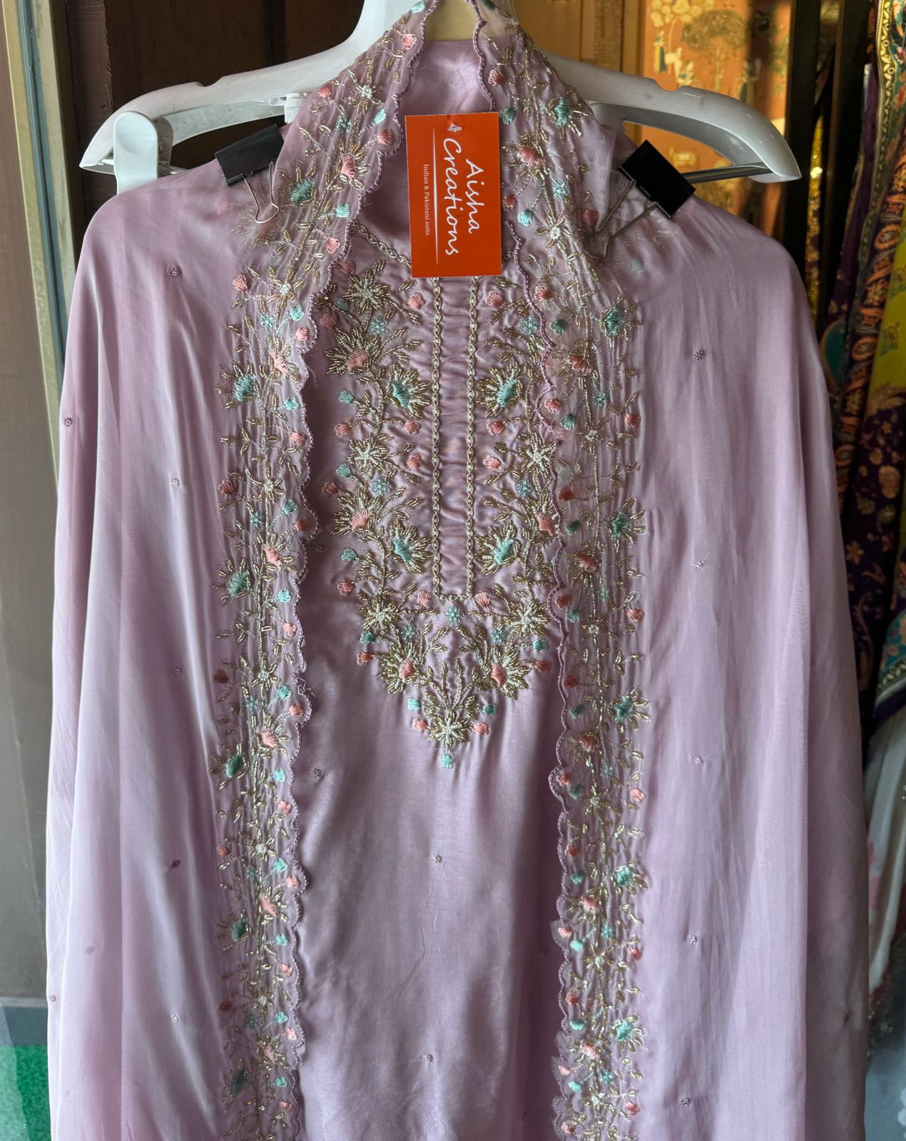 Pure silk shirt with beautiful handwork on the neckline with nalki , Dori work, thread work and pearl embellishments