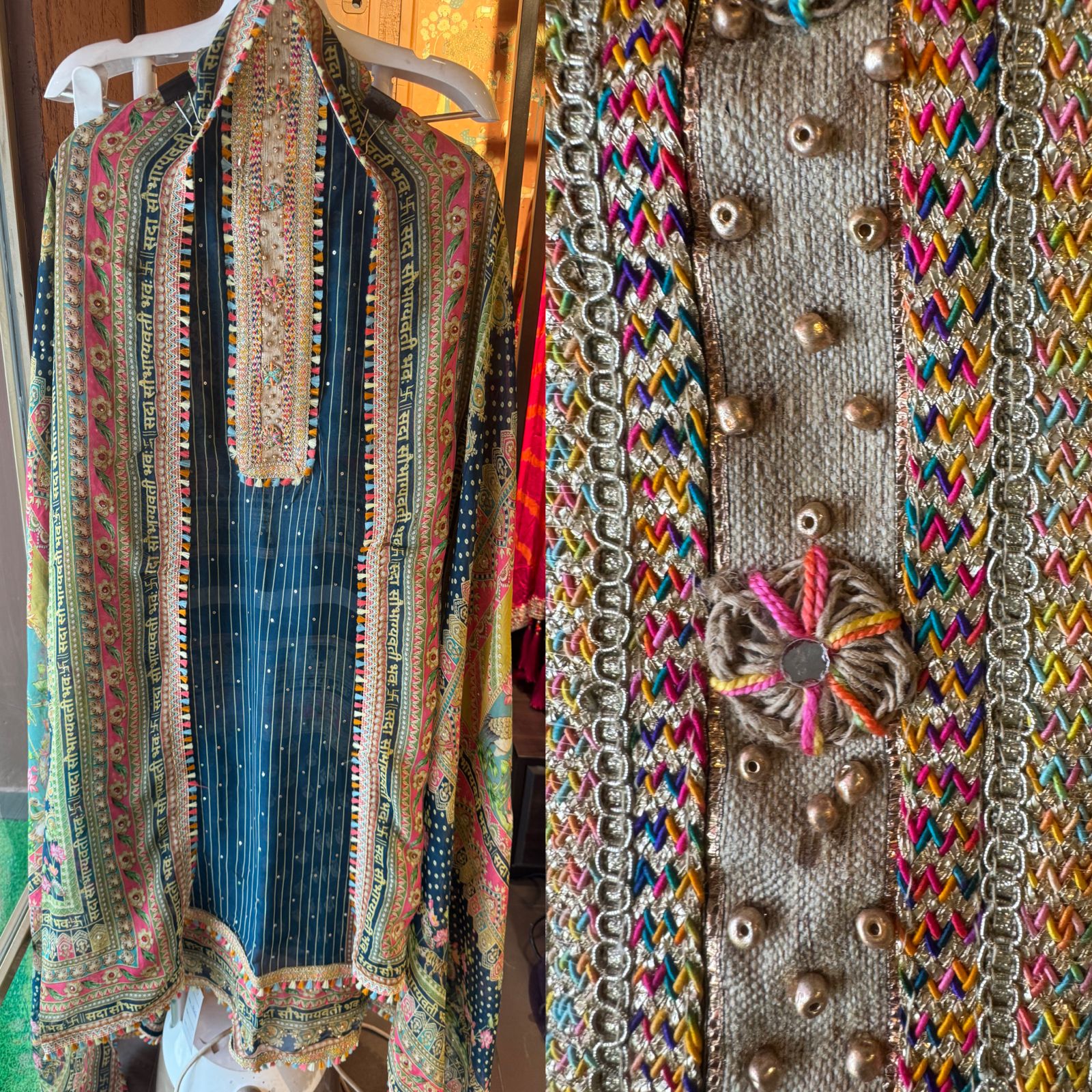 Soft organza designer concept shirt with jute and coloured threads detailings on the neckline