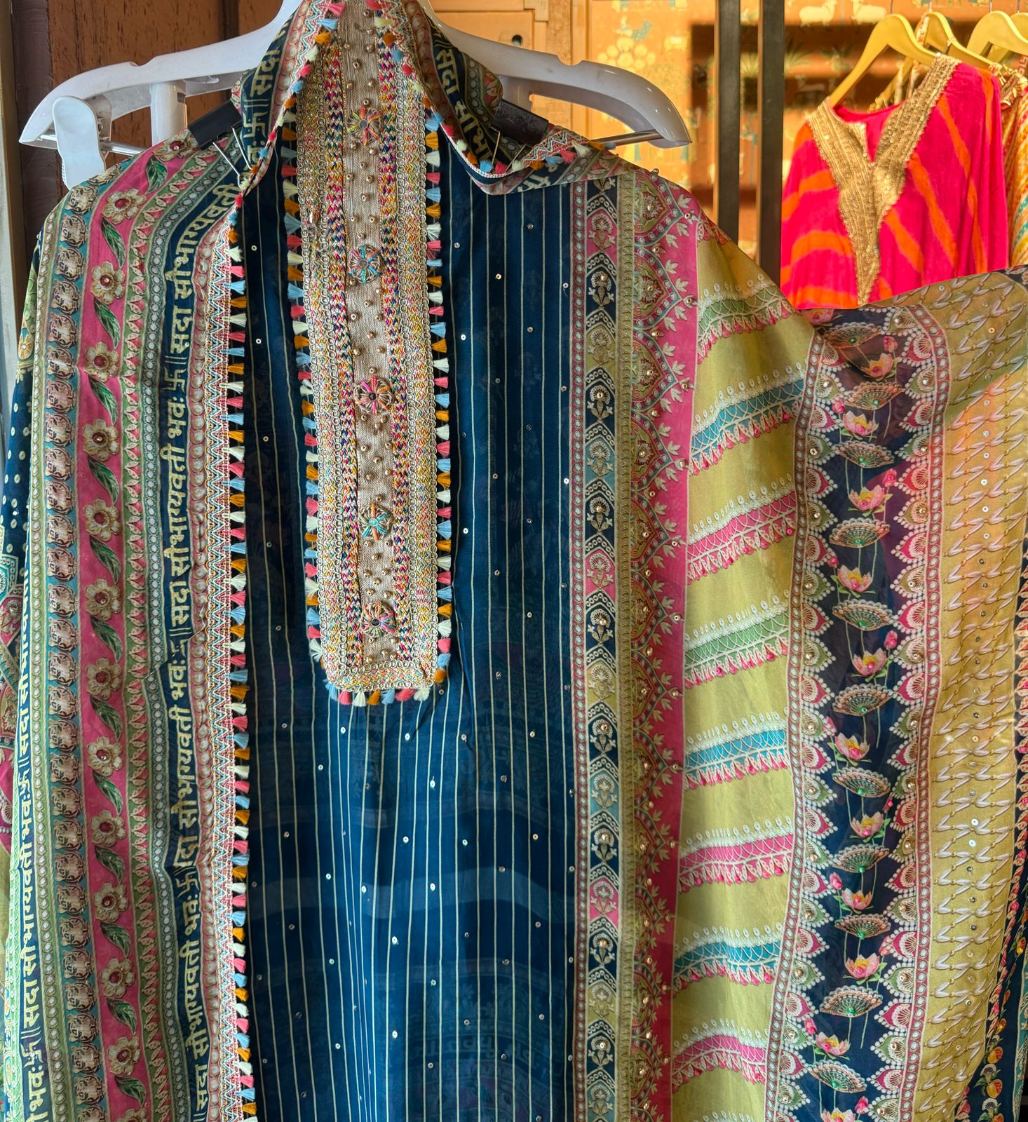 Soft organza designer concept shirt with jute and coloured threads detailings on the neckline