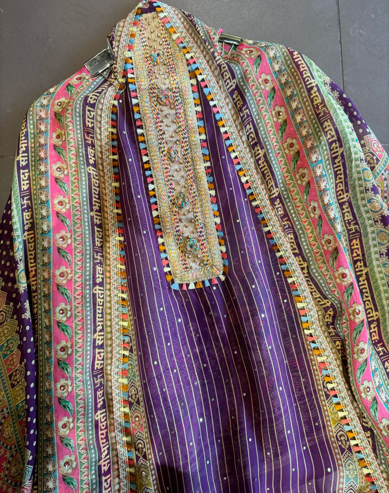 Soft organza designer concept shirt with jute and coloured threads detailings on the neckline