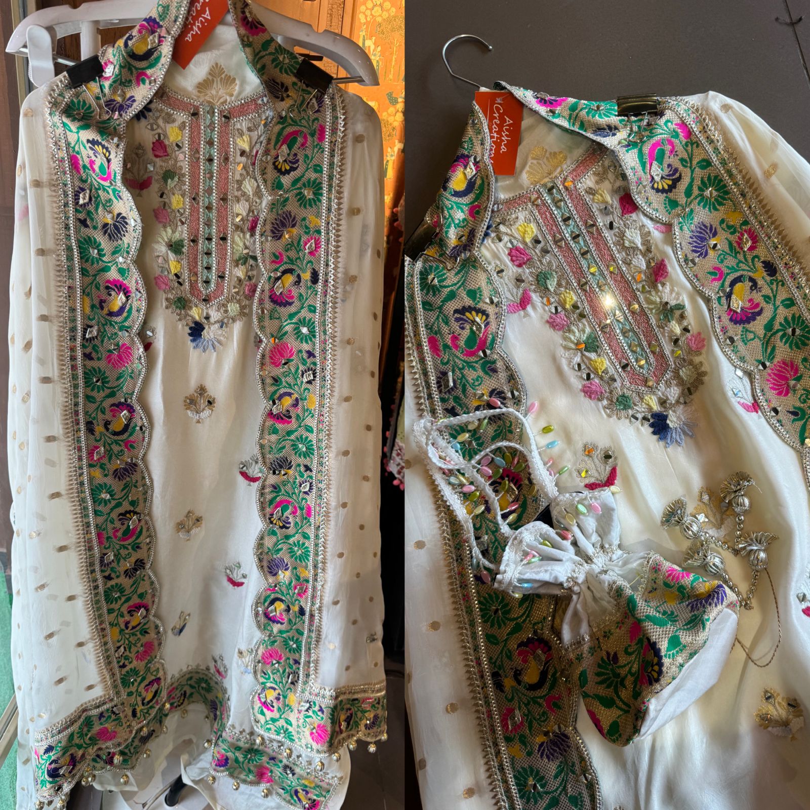 Beautiful silk shirt with heavy Neckwork with thread, mirror and zari work done