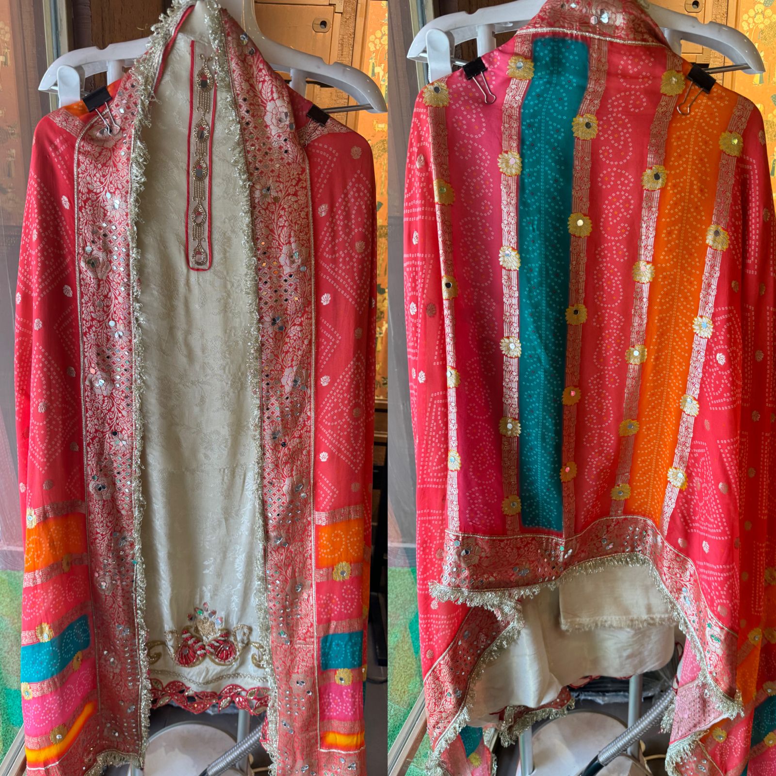 Self Silk weaved shirt full in size with very beautiful Cutwork ghera design