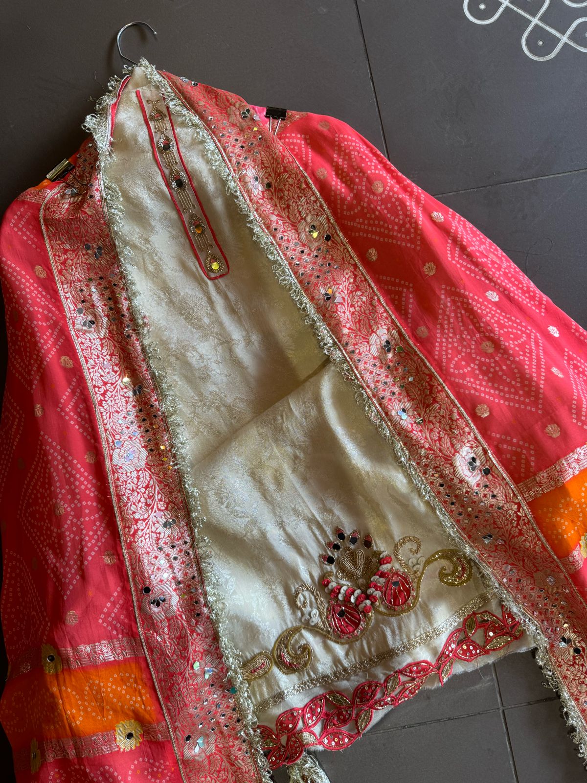 Self Silk weaved shirt full in size with very beautiful Cutwork ghera design