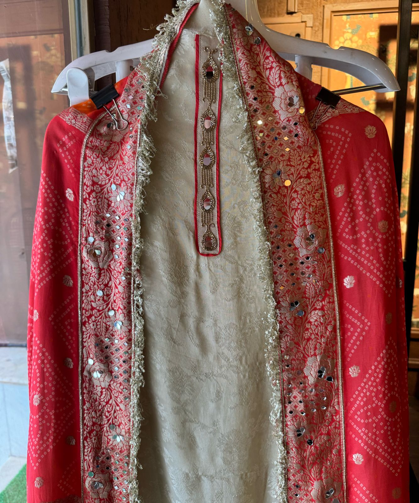 Self Silk weaved shirt full in size with very beautiful Cutwork ghera design