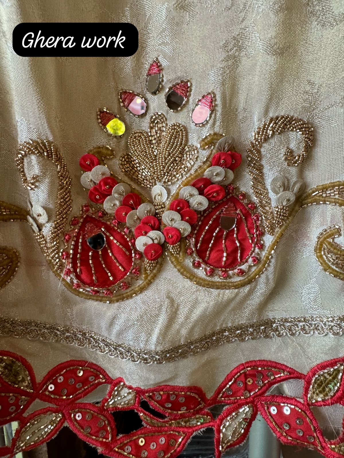 Self Silk weaved shirt full in size with very beautiful Cutwork ghera design