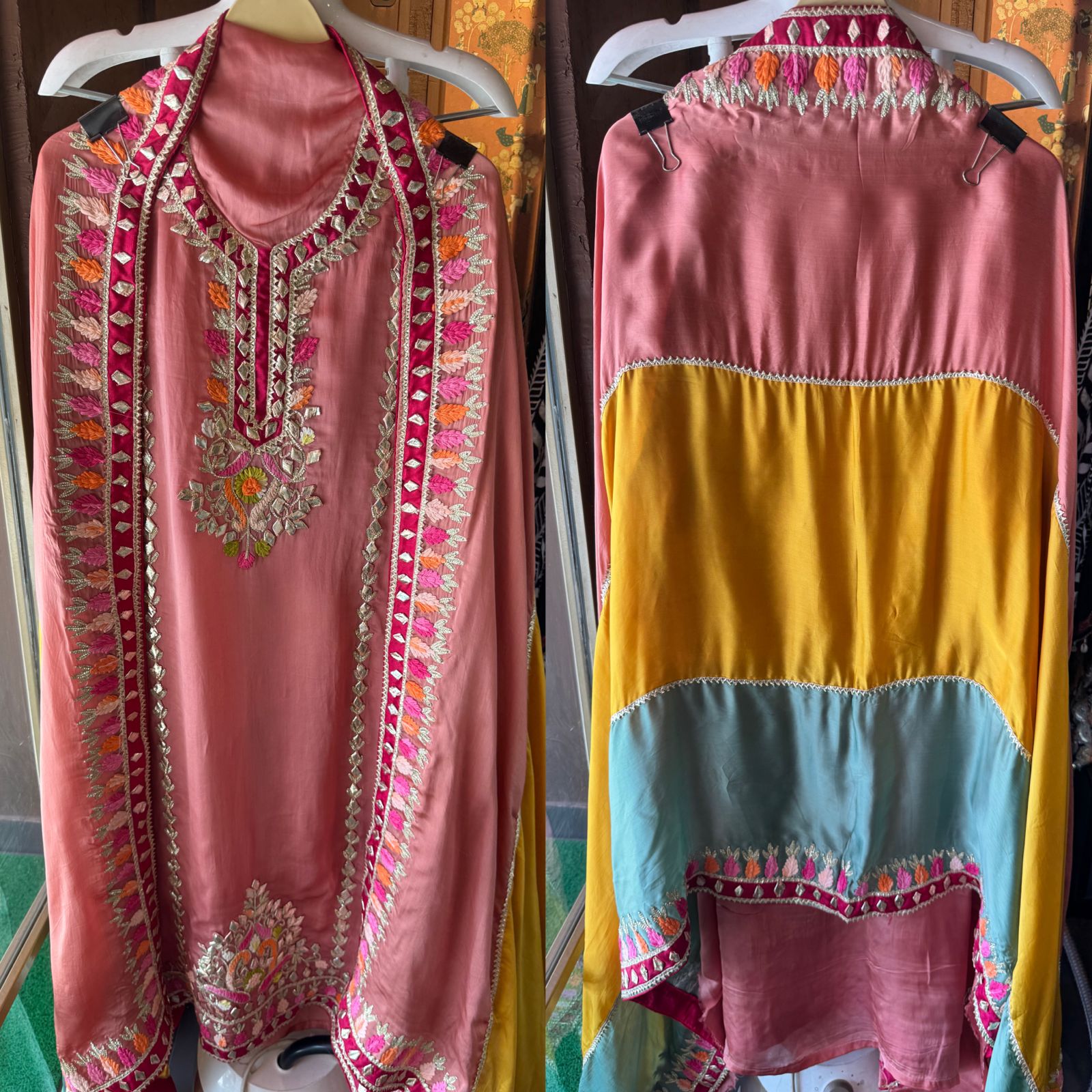 Pure satin silk unstitched shirt with heavily embroidered shirt