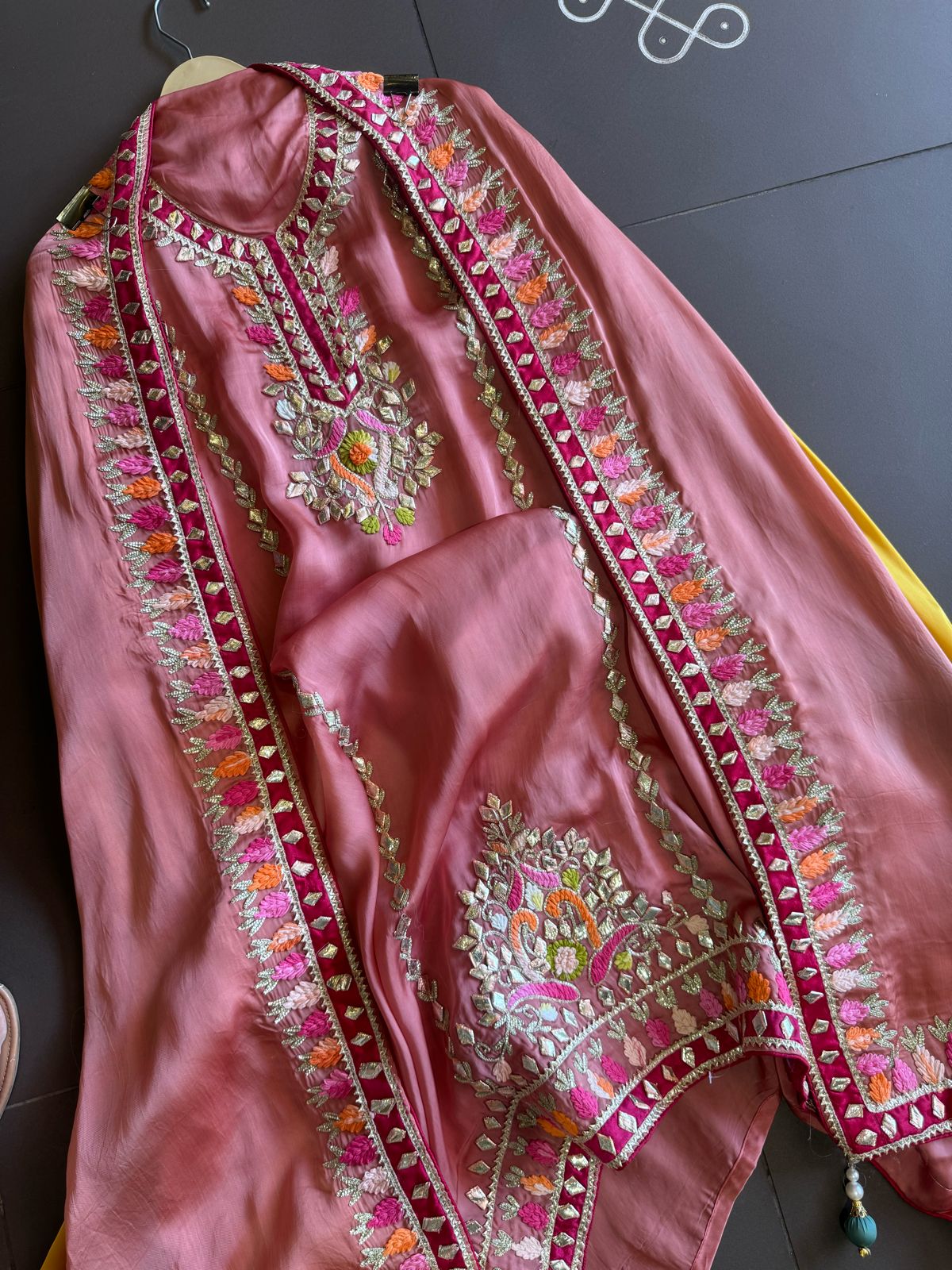 Pure satin silk unstitched shirt with heavily embroidered shirt