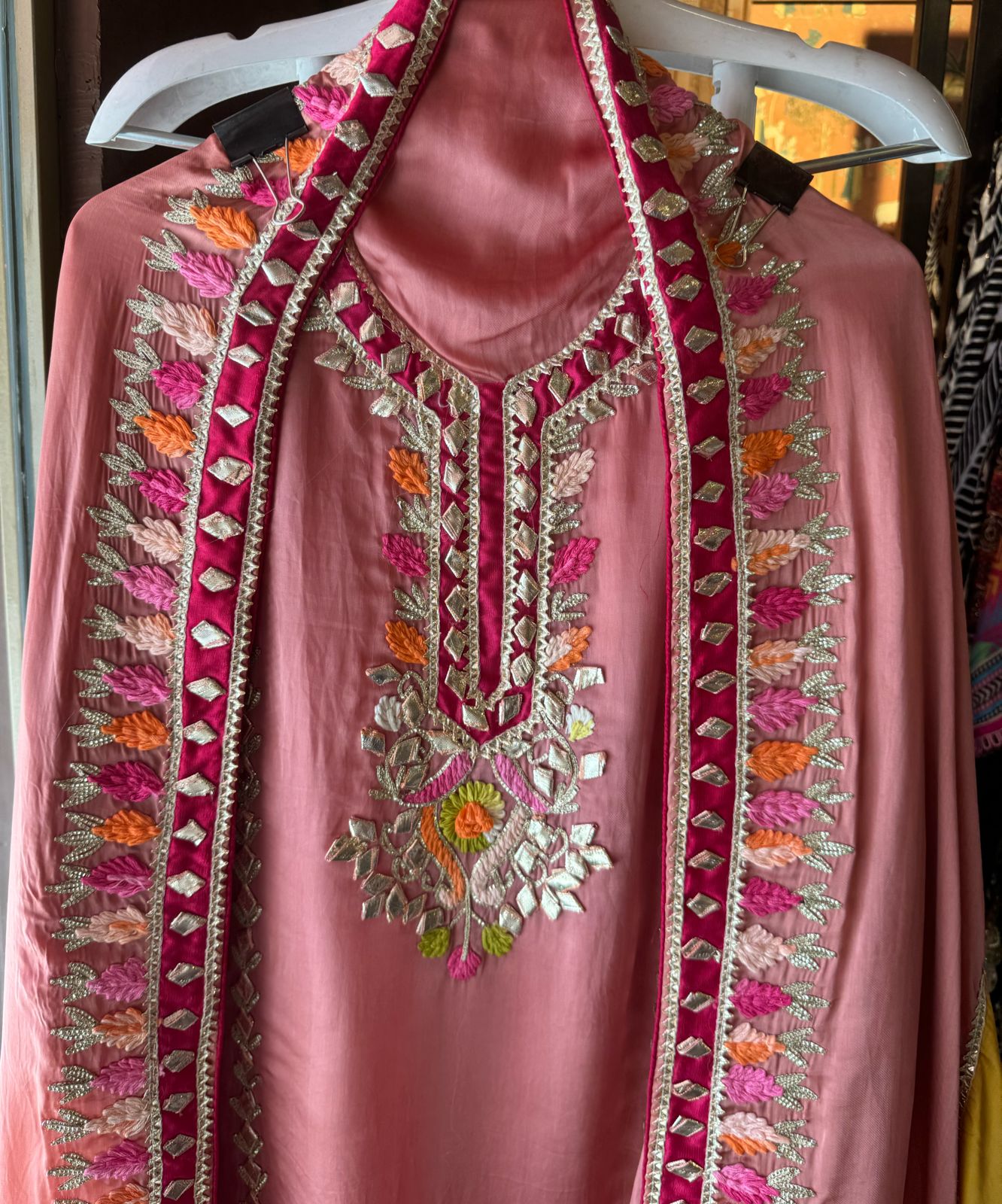 Pure satin silk unstitched shirt with heavily embroidered shirt
