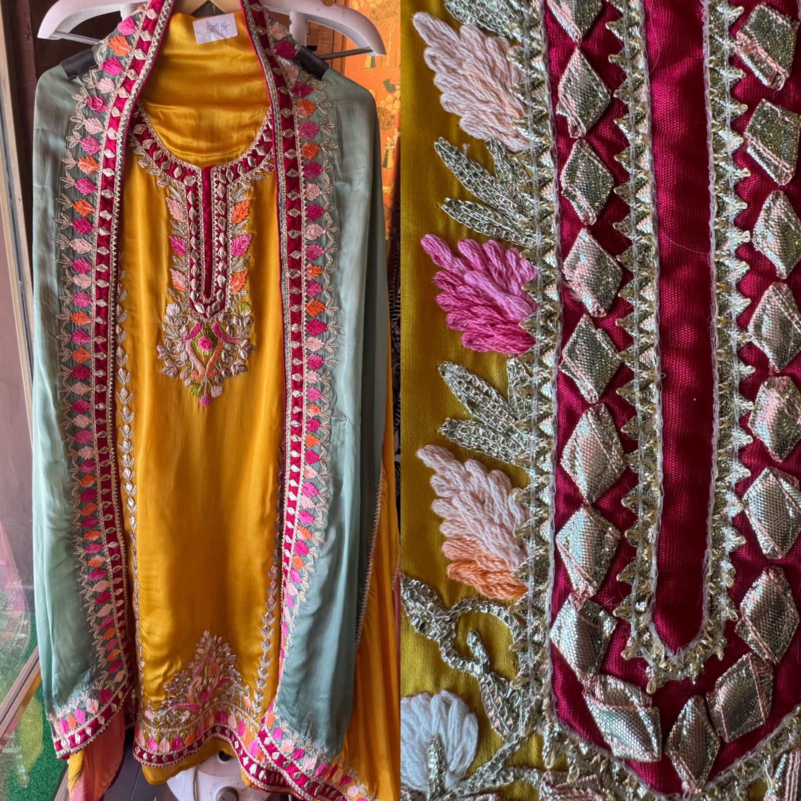 Pure satin silk unstitched shirt with heavily embroidered shirt