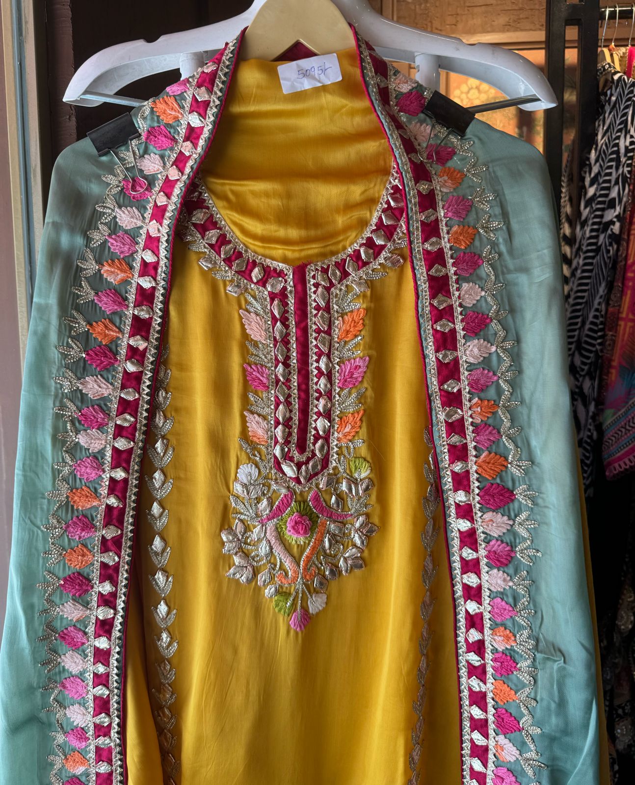 Pure satin silk unstitched shirt with heavily embroidered shirt