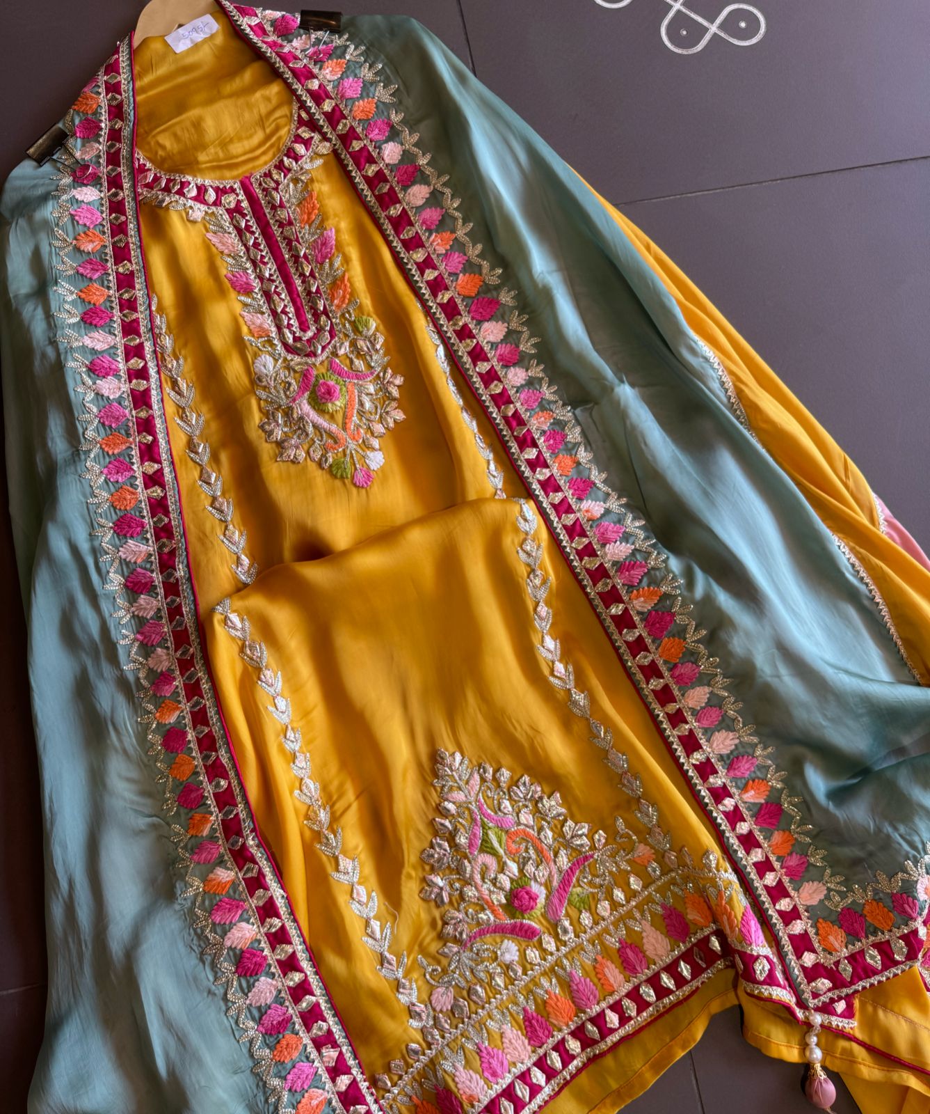 Pure satin silk unstitched shirt with heavily embroidered shirt