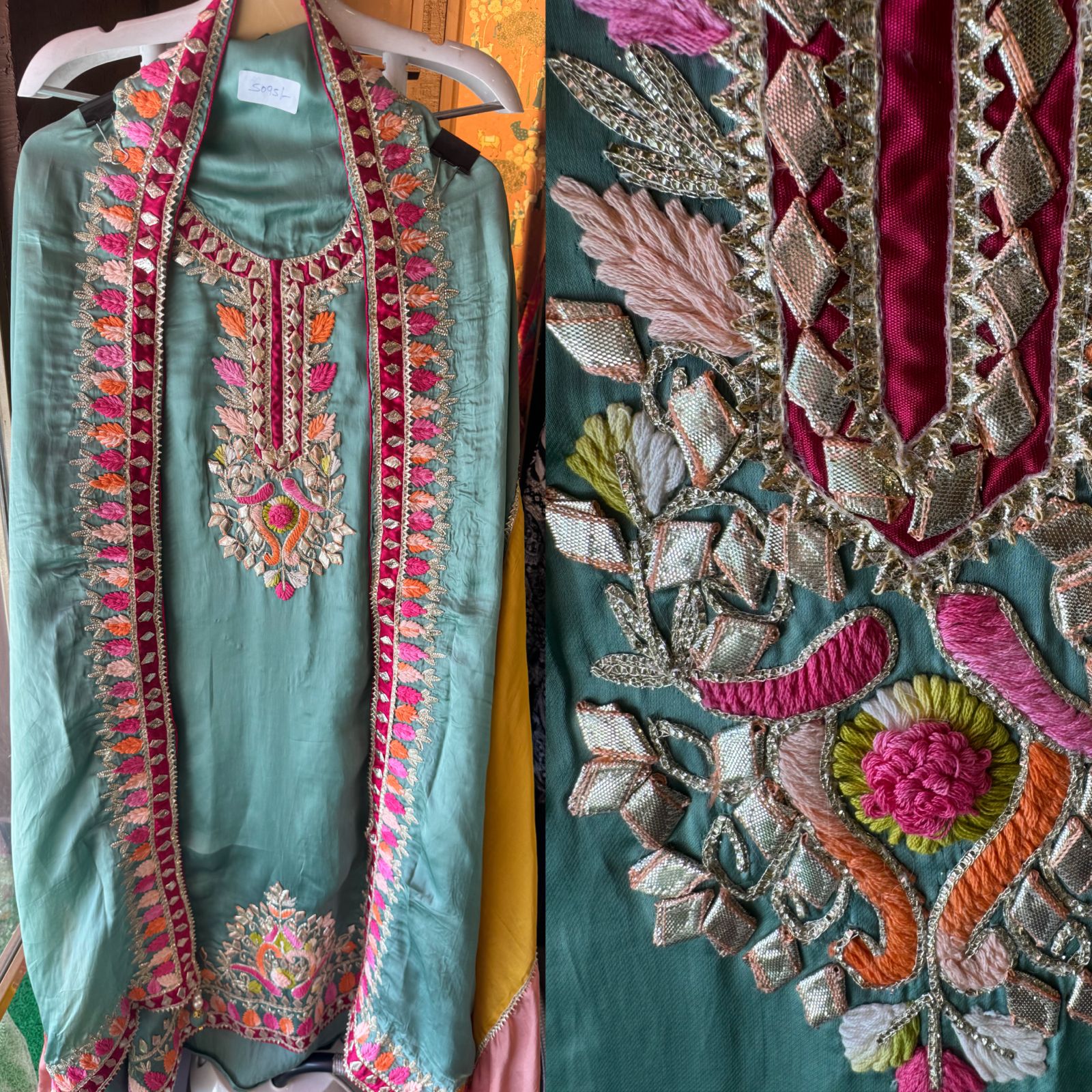 Pure satin silk unstitched shirt with heavily embroidered shirt