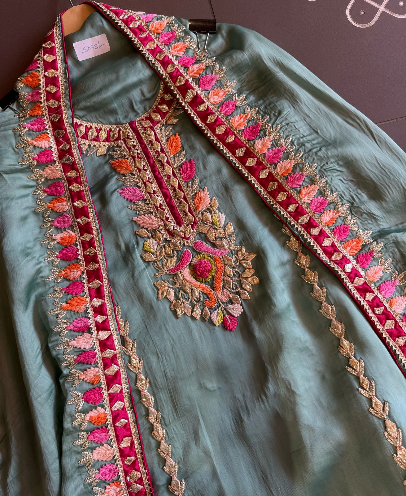 Pure satin silk unstitched shirt with heavily embroidered shirt