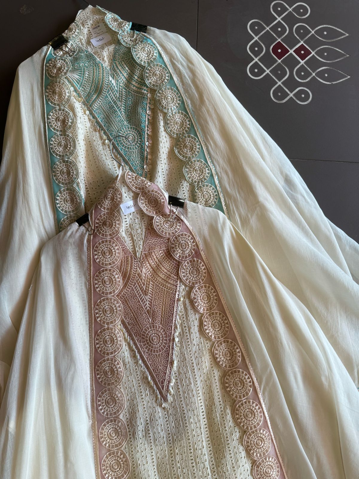 Beautiful summerish Mul cotton chicken suits with designer front with laces and thread embroidered