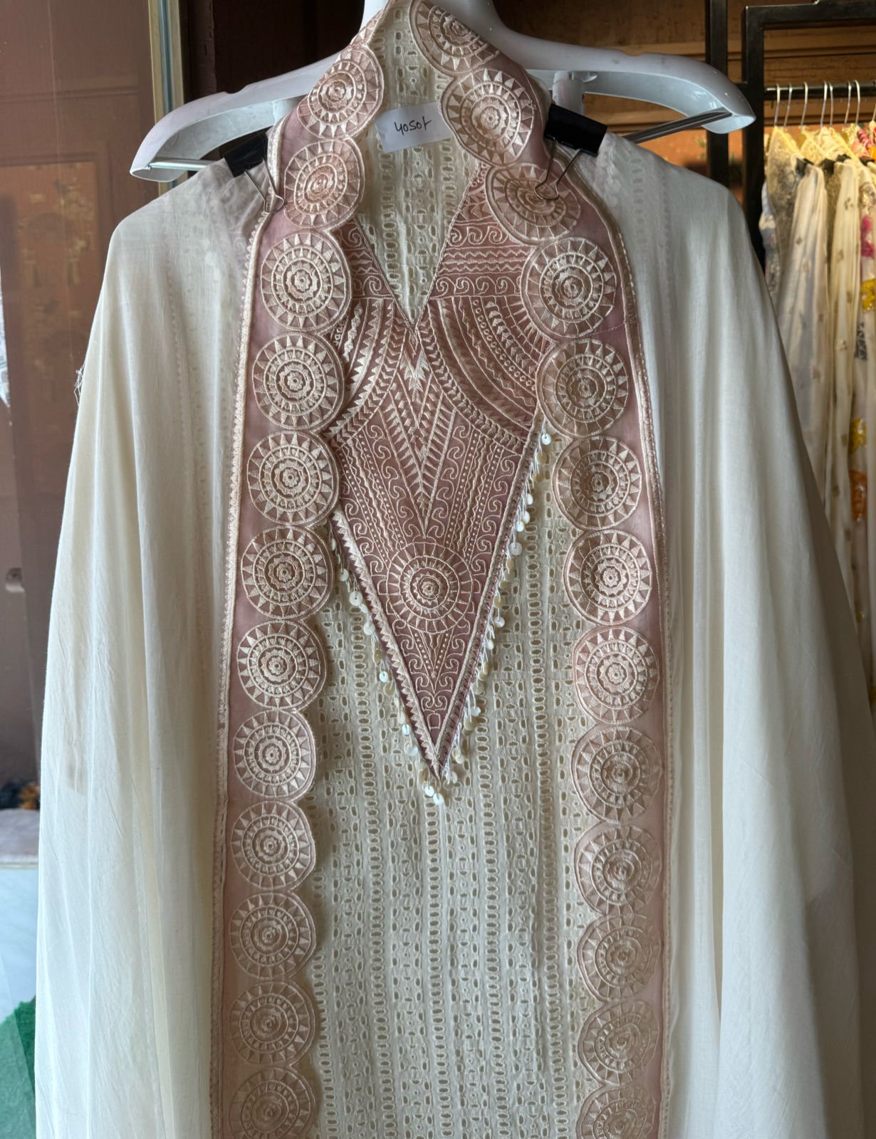 Beautiful summerish Mul cotton chicken suits with designer front with laces and thread embroidered (Copy)