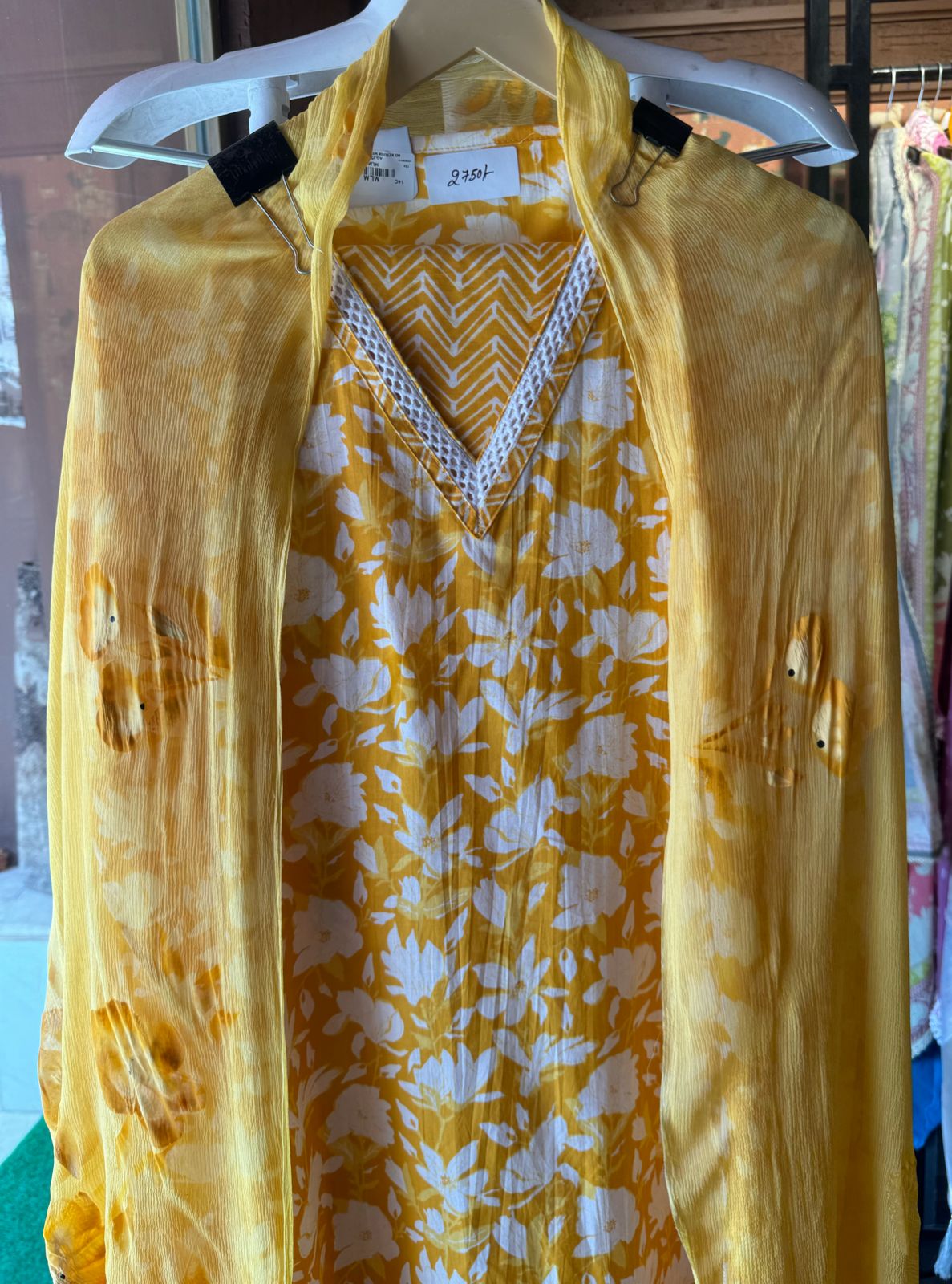 Pure organic cotton floral printed shirt (Unstitched full size with V neckline)with crochia lace. <br>