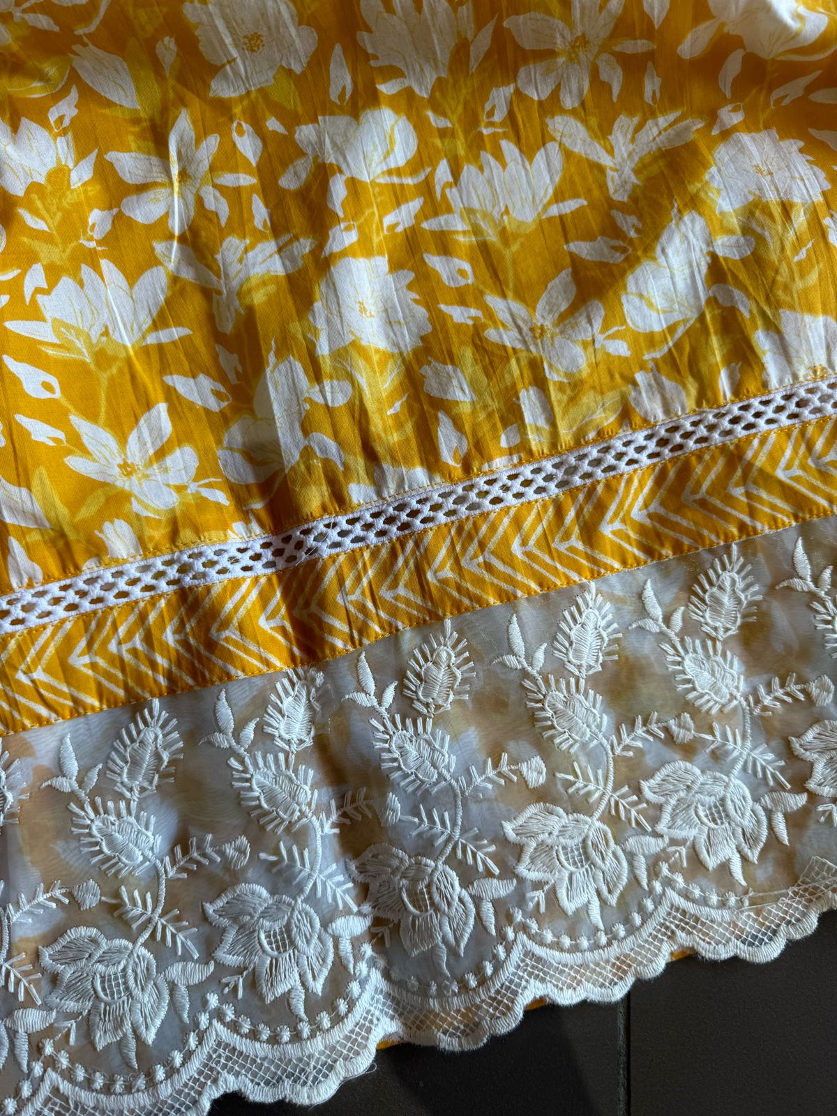 Pure organic cotton floral printed shirt (Unstitched full size with V neckline)with crochia lace. <br>