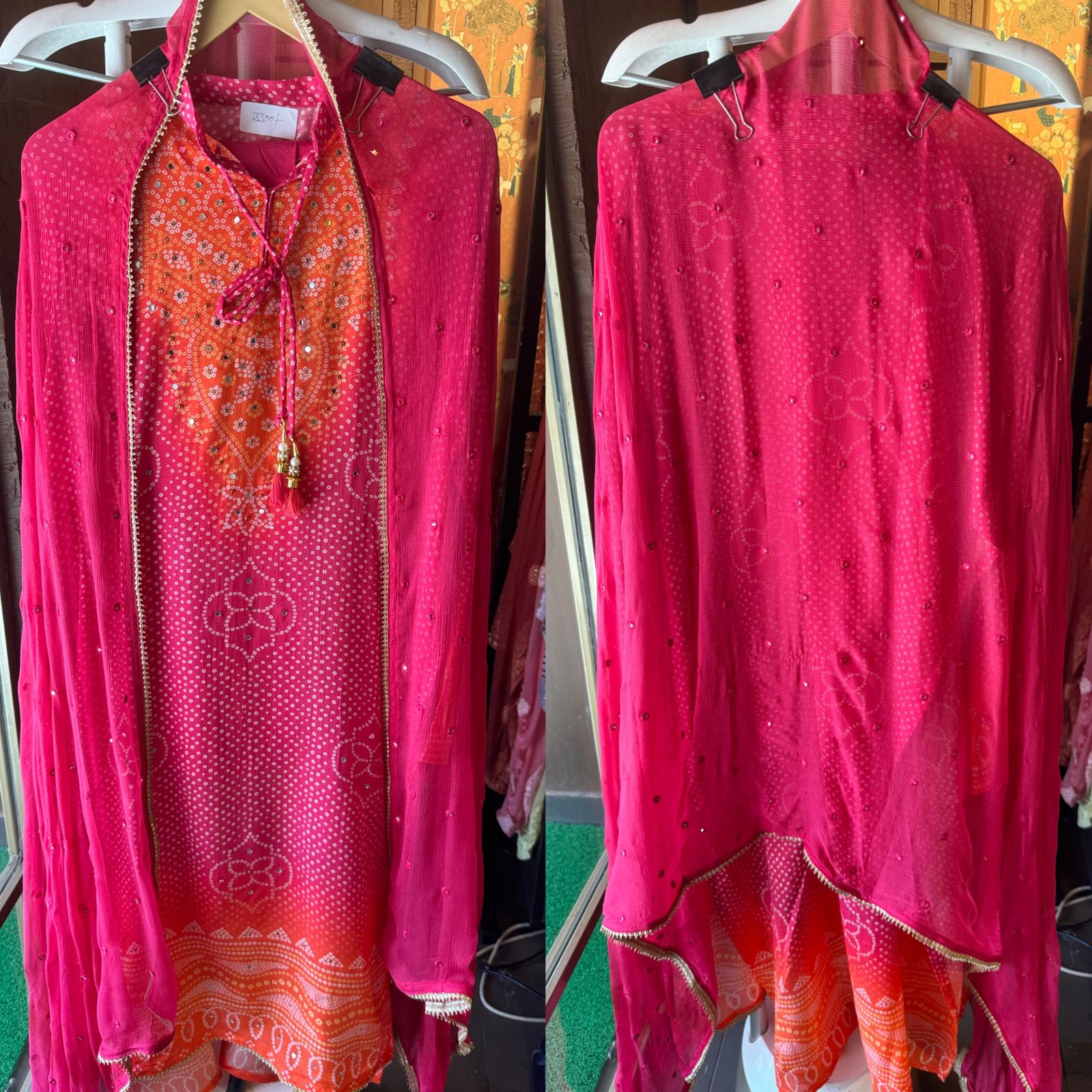 Beautiful semi stitched bandhani printed ombre shirt with dori on the front