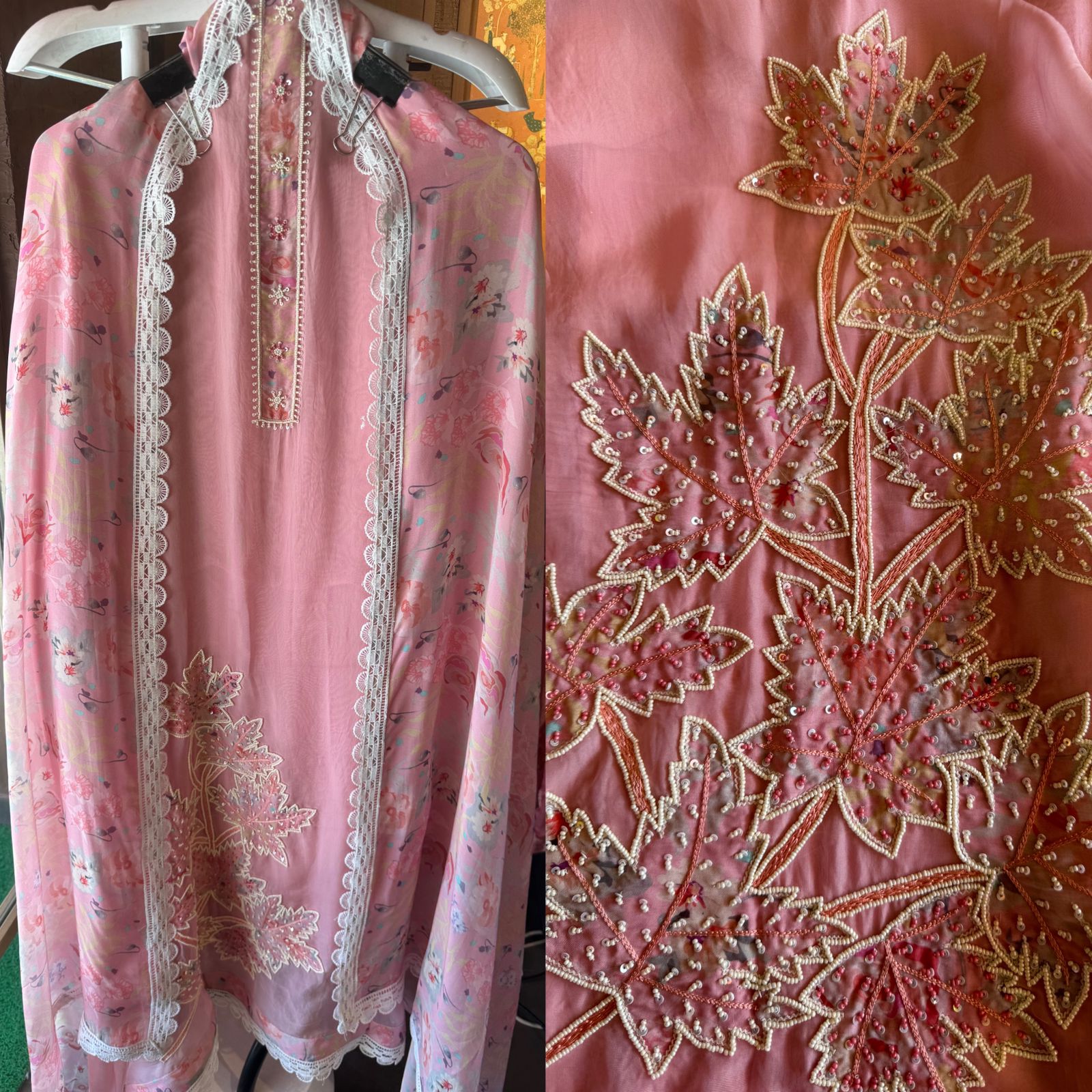 Super soft organza Unstitched full size shirt with beautiful neck Patti design